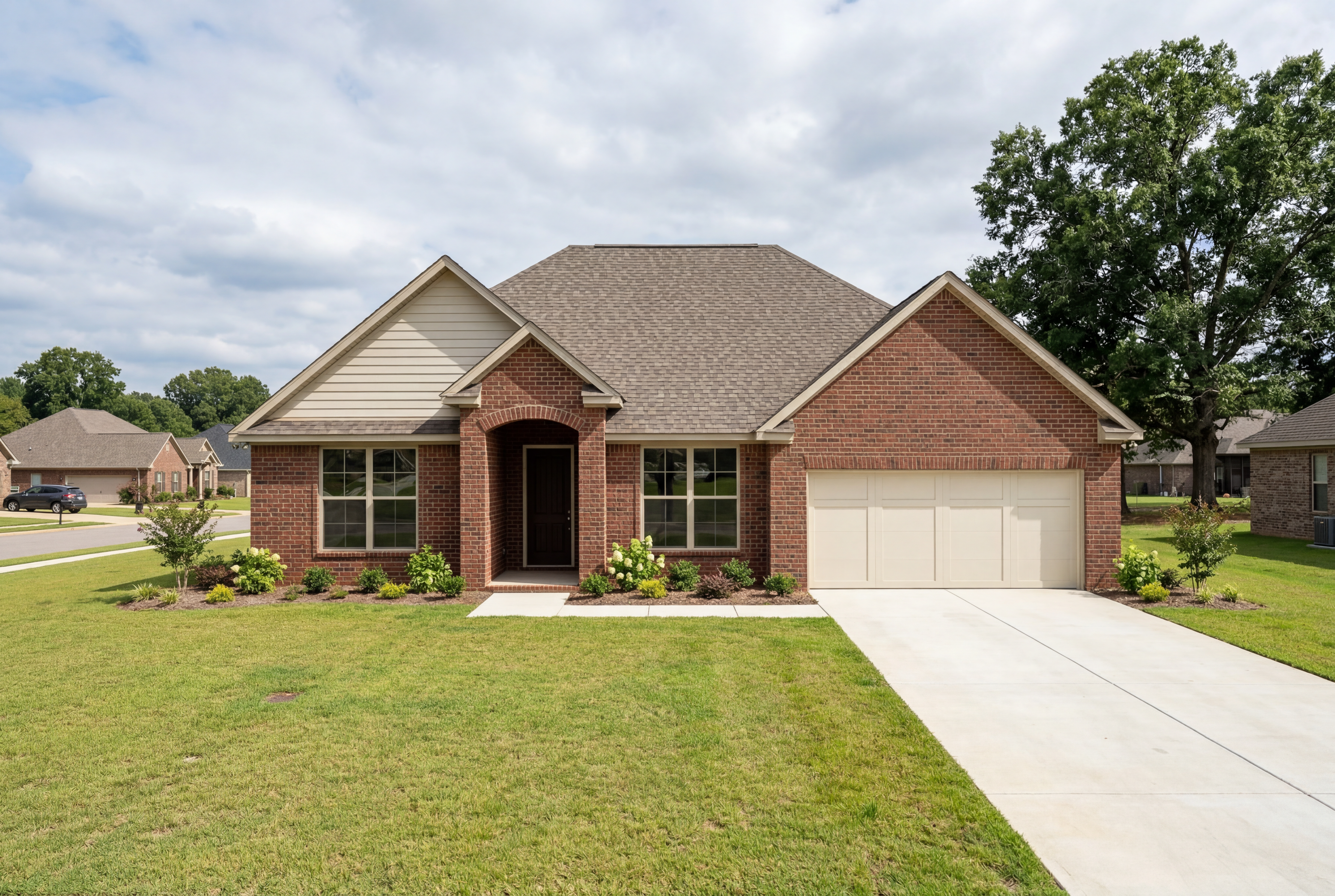 The Harrison B single-family home in Cullman, AL featuring a brick exterior, one-story design, and two-car garage.