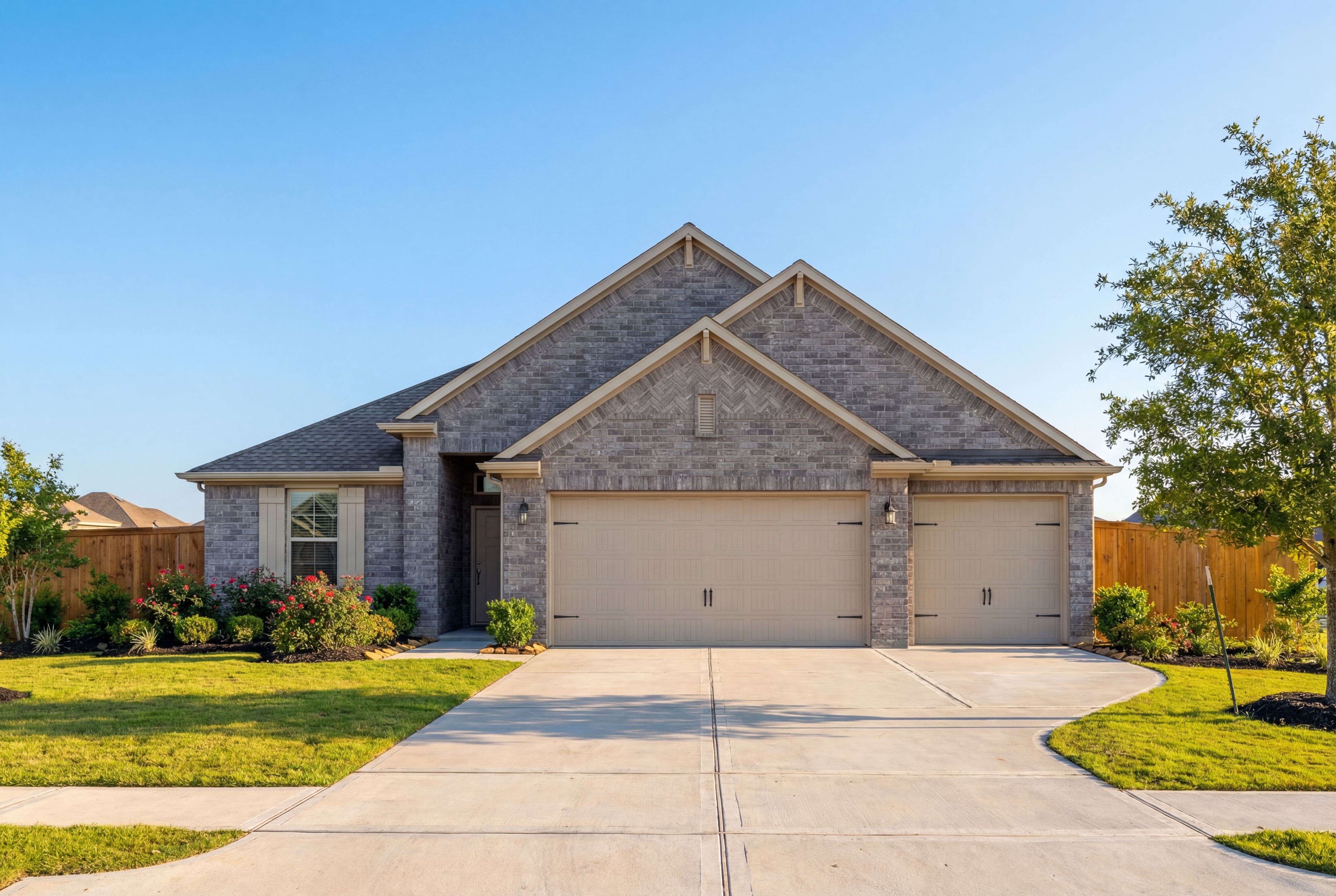 Modern single-story facade of The Elizabeth A with brick accents, 3-car garage, and lush landscaped driveway in Rosharon Texas