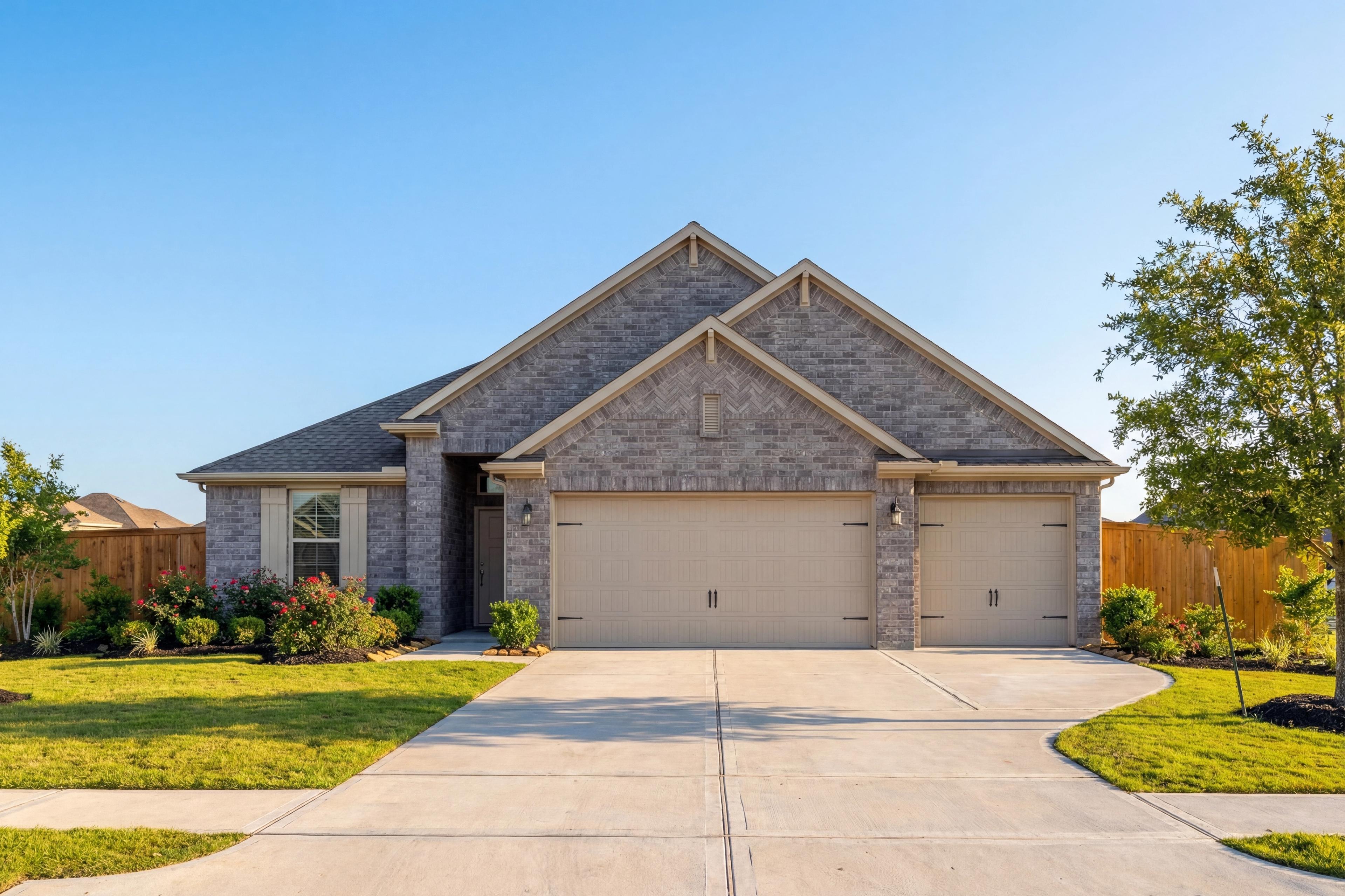 Modern single-story facade of The Elizabeth A with brick accents, 3-car garage, and lush landscaped driveway in Rosharon Texas