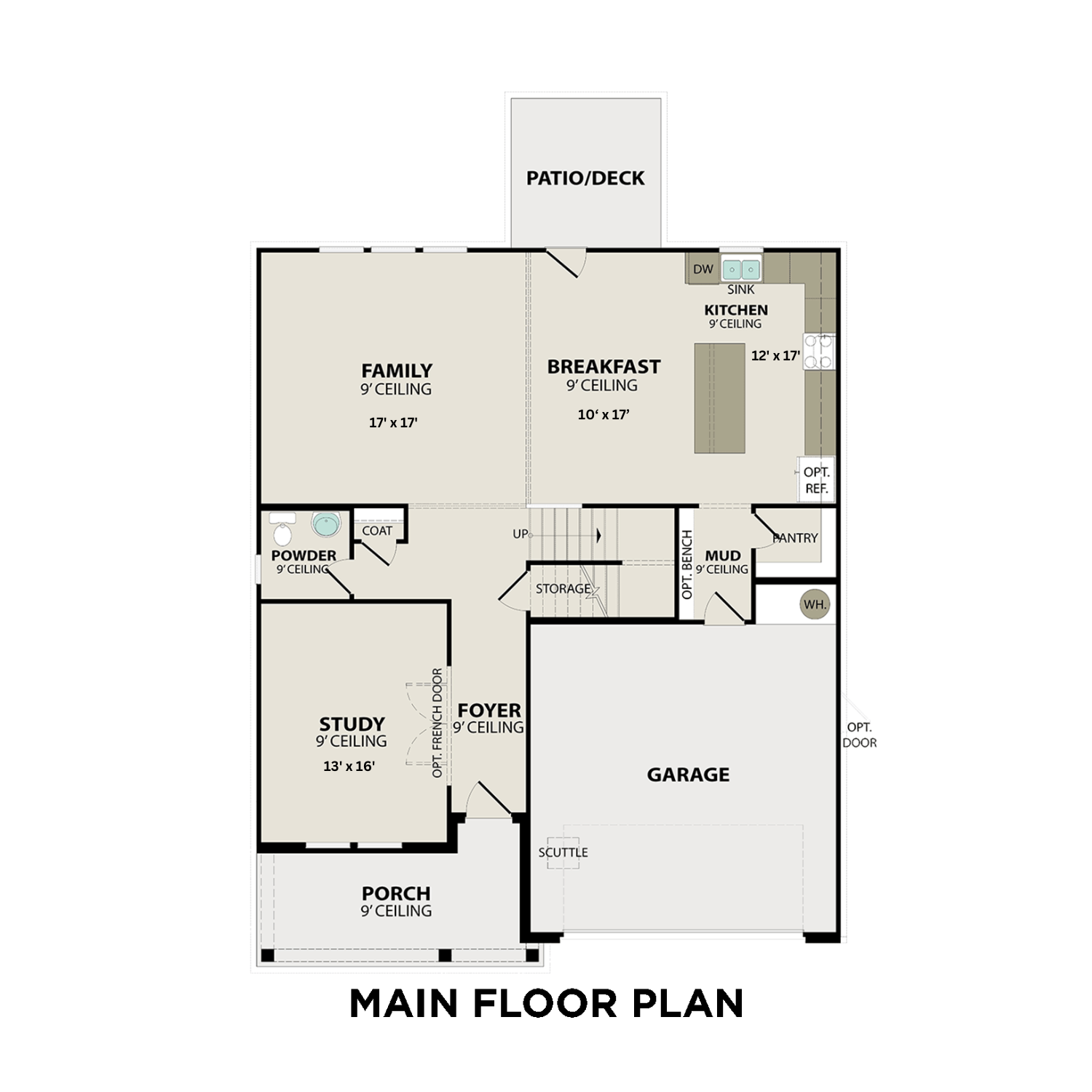 Main floor plan of The Henry C featuring open kitchen, family room, study, two-car garage, and foyer entry