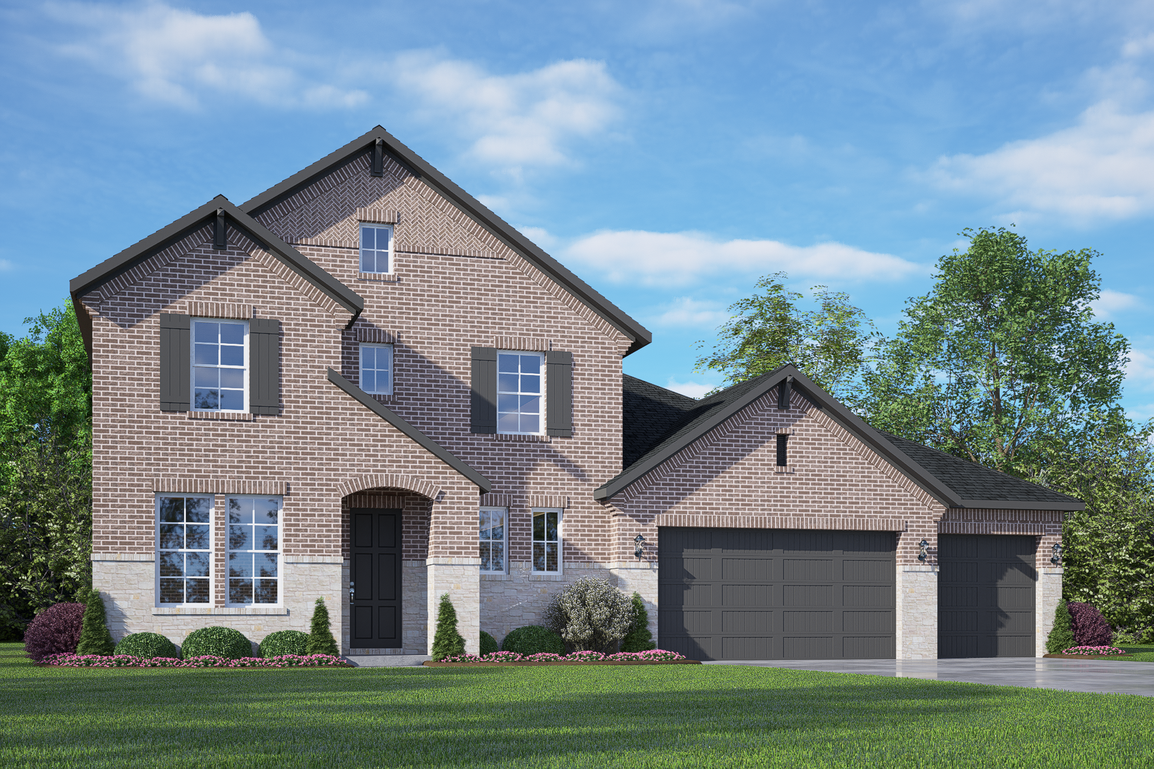 Two-story brick elevation of The Philip B showcasing 3-car garage, arched entry, and lush landscaping