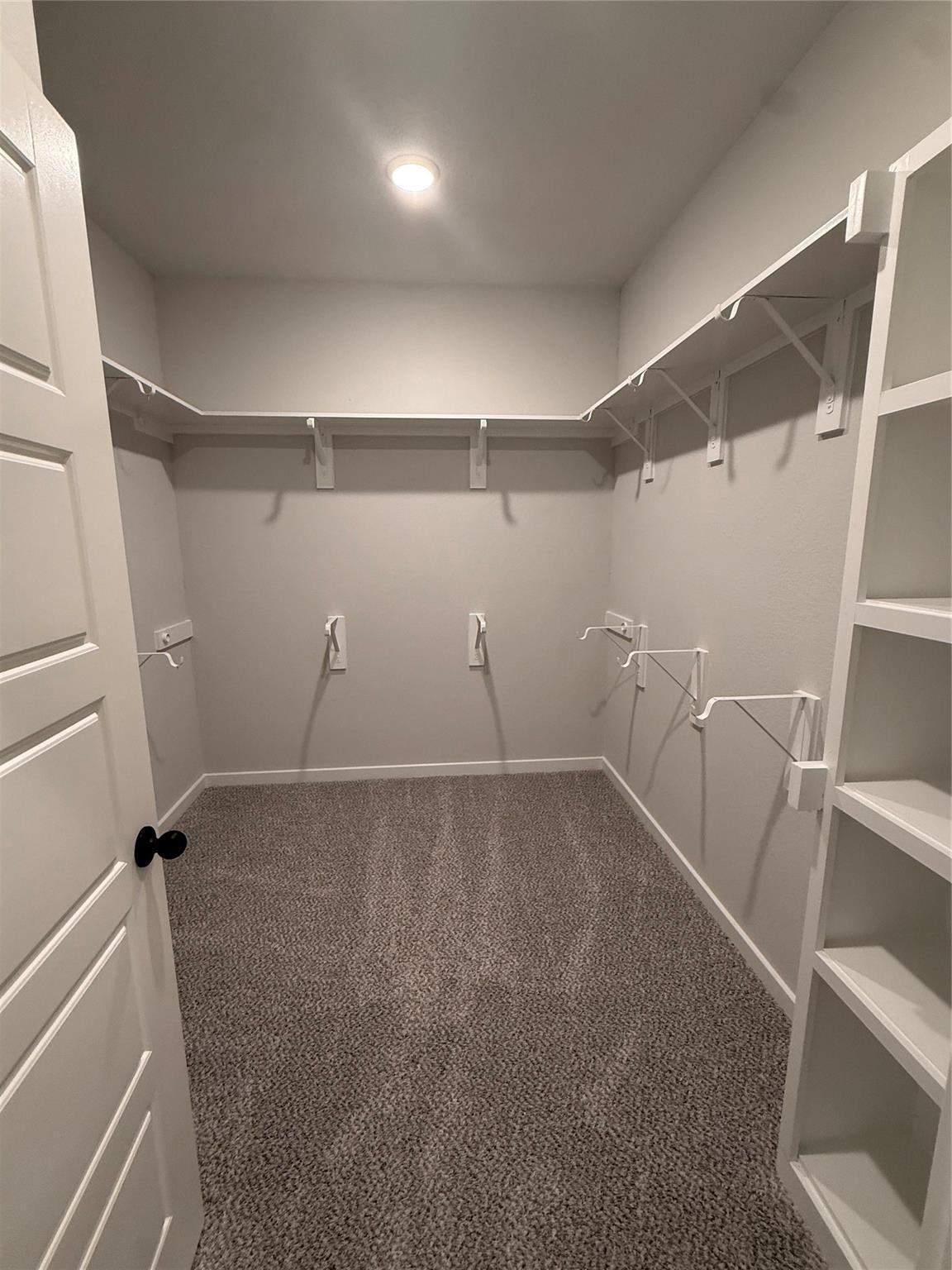 Walk-in closet with built-in shelving in The Sorrento E floor plan by Davidson Homes in Sundance Cove, Crosby, Texas.
