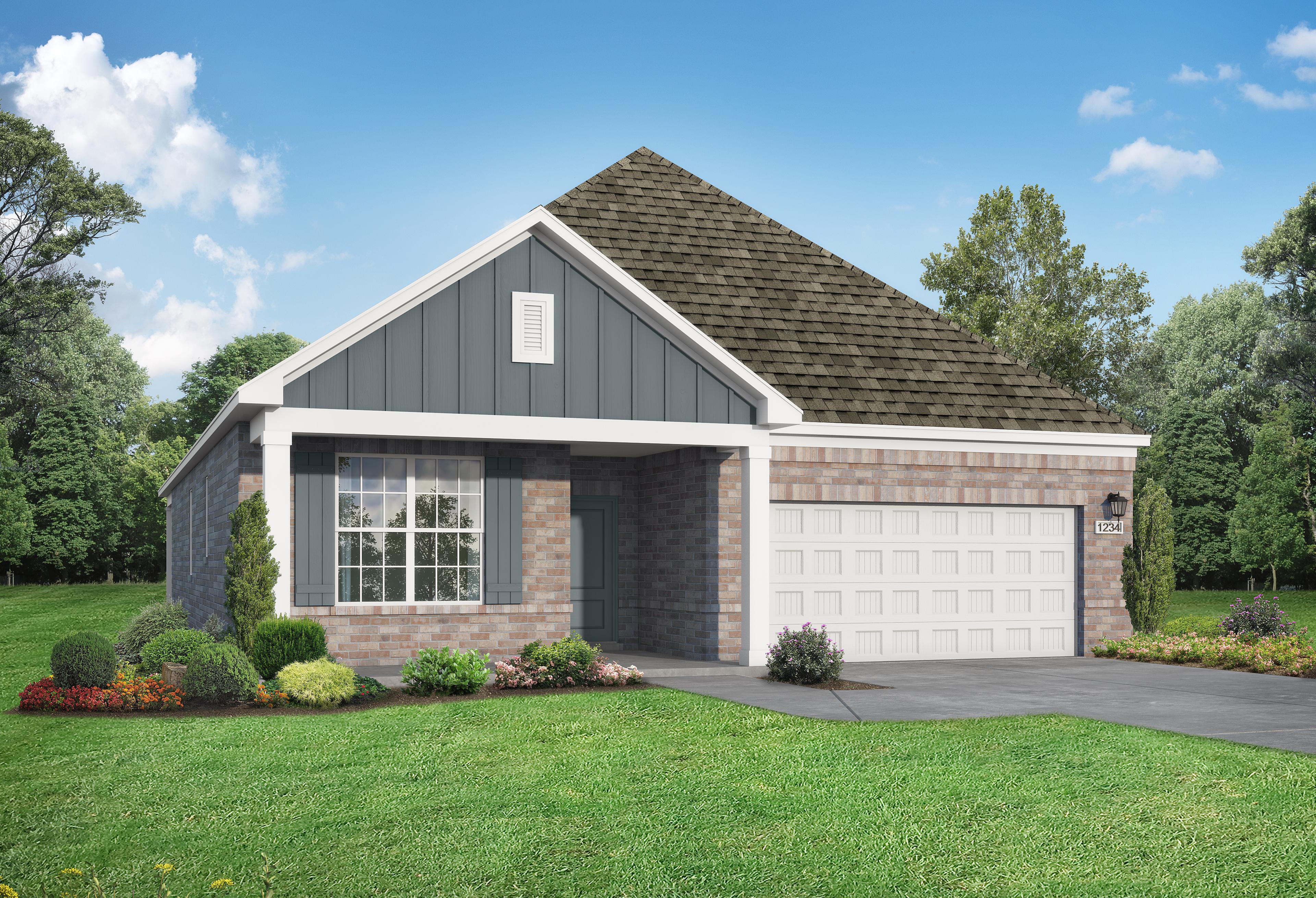 Modern single-story Everett home elevation with gray board-and-batten siding, brick accents, 2-car garage, and vibrant landscaped yard