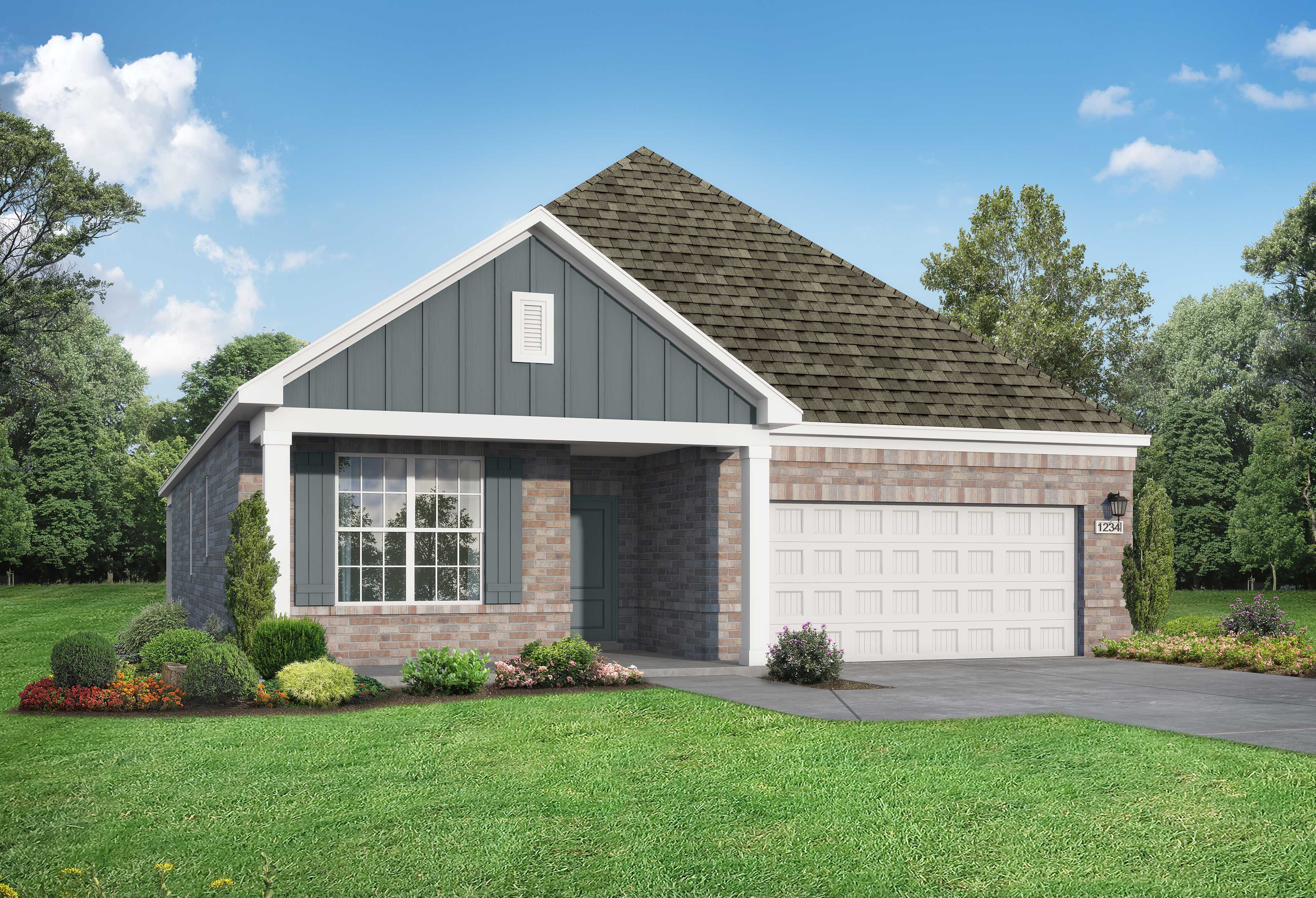 Modern single-story Everett home elevation with gray board-and-batten siding, brick accents, 2-car garage, and vibrant landscaped yard