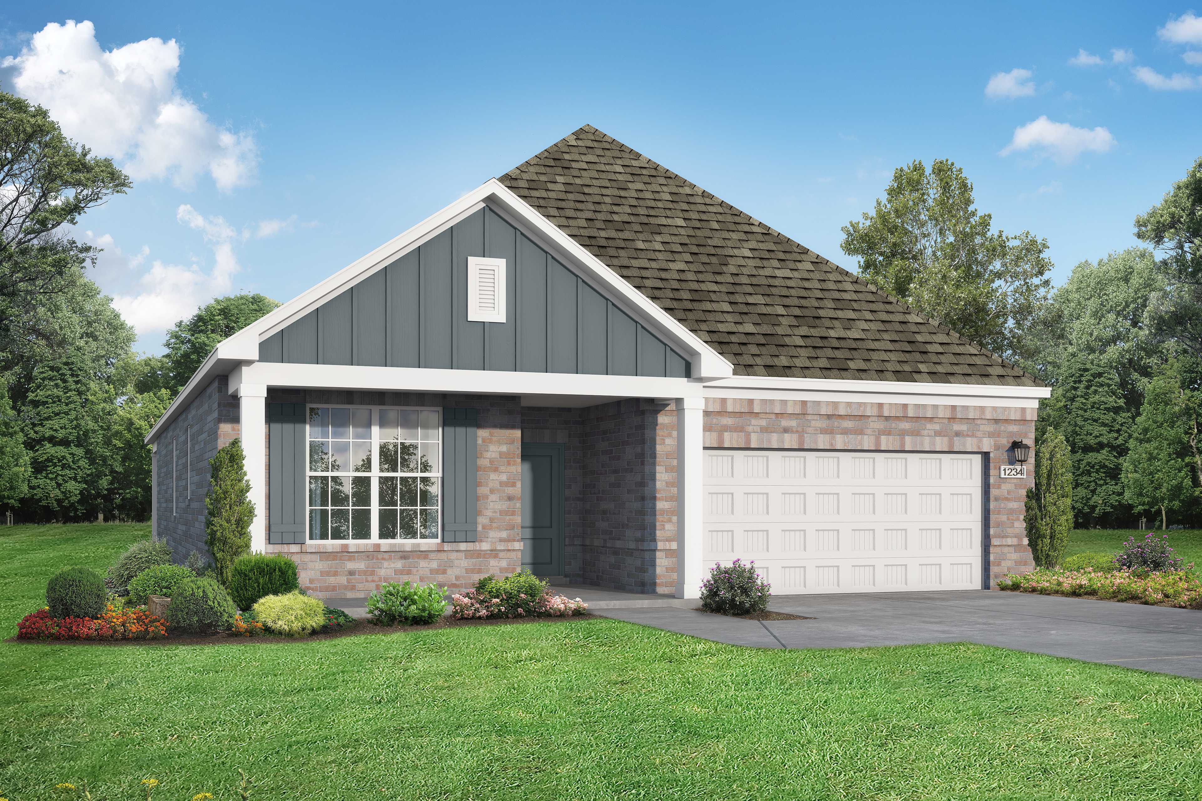 Modern single-story Everett home elevation with gray board-and-batten siding, brick accents, 2-car garage, and vibrant landscaped yard