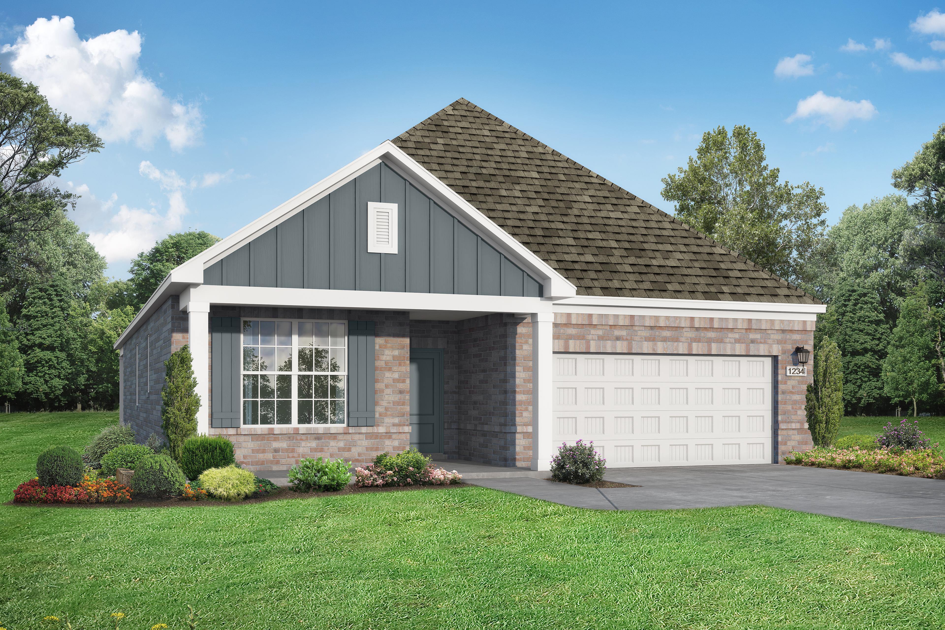 Modern single-story Everett home elevation with gray board-and-batten siding, brick accents, 2-car garage, and vibrant landscaped yard