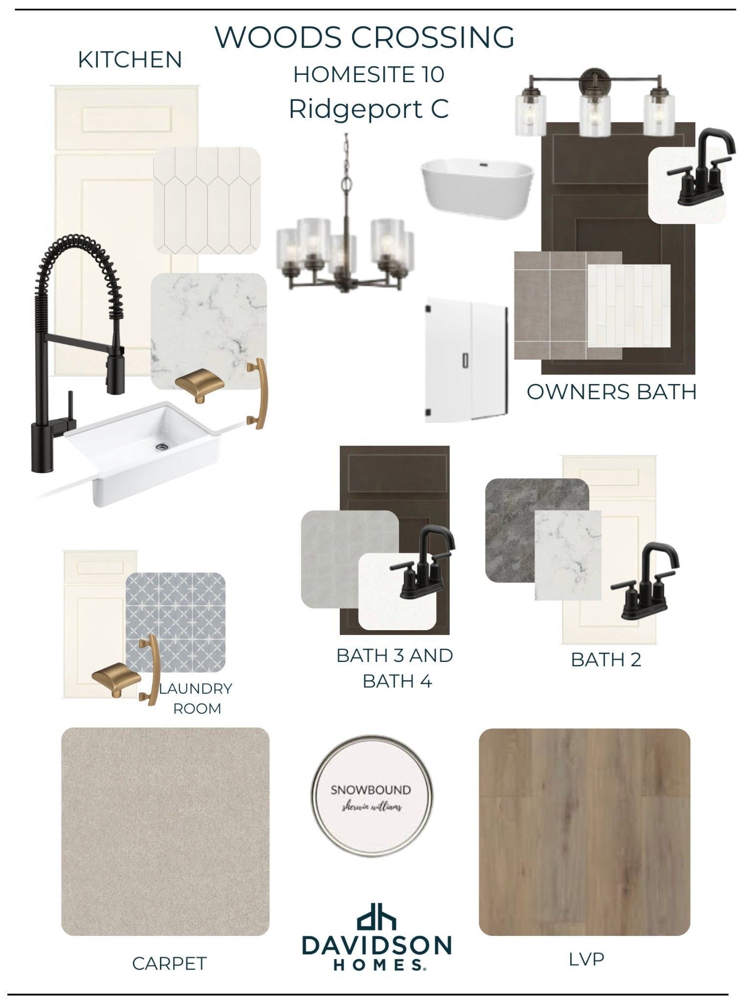 Kitchen & bath design board with modern faucets, lighting, tiles & Snowbound palette for Davidson Homes Ridgeport C in Woods Crossing, Gallatin TN