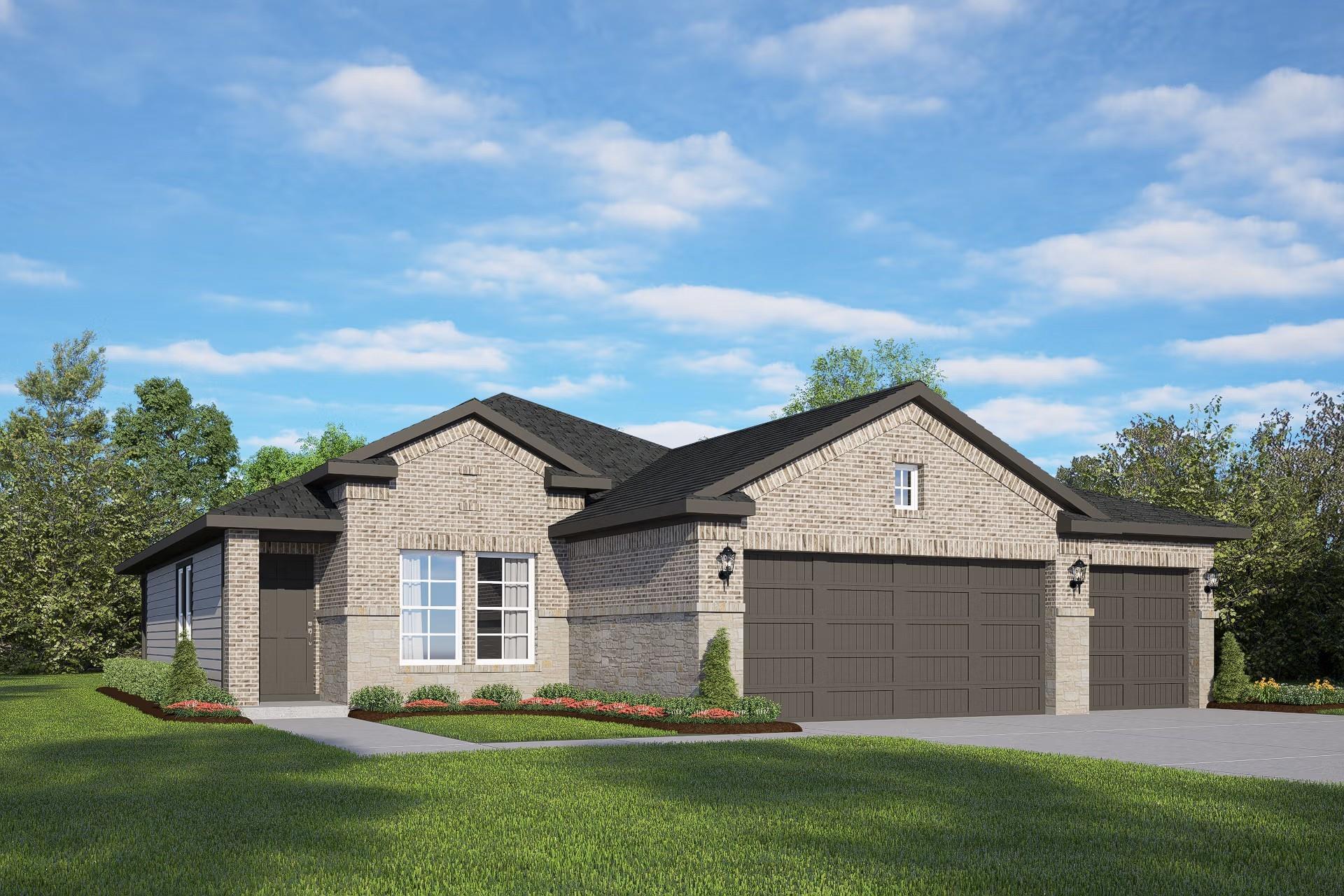 Modern brick 1-story home with 3-car garage, landscaped yard and driveway in River Ranch Meadows, Dayton, Texas by Davidson Homes Costa B