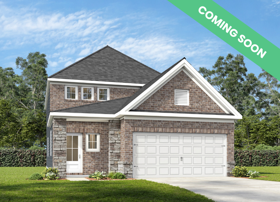 The Summit H 2-story home design by Davidson Homes featuring a brick and shingle exterior with a 2-car garage.