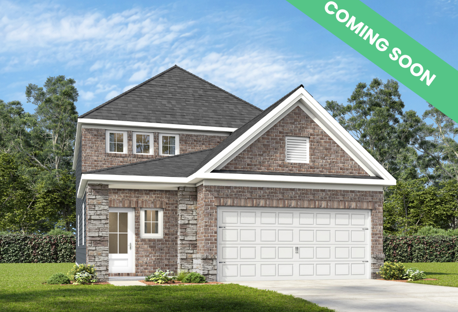The Summit H 2-story home design by Davidson Homes featuring a brick and shingle exterior with a 2-car garage.