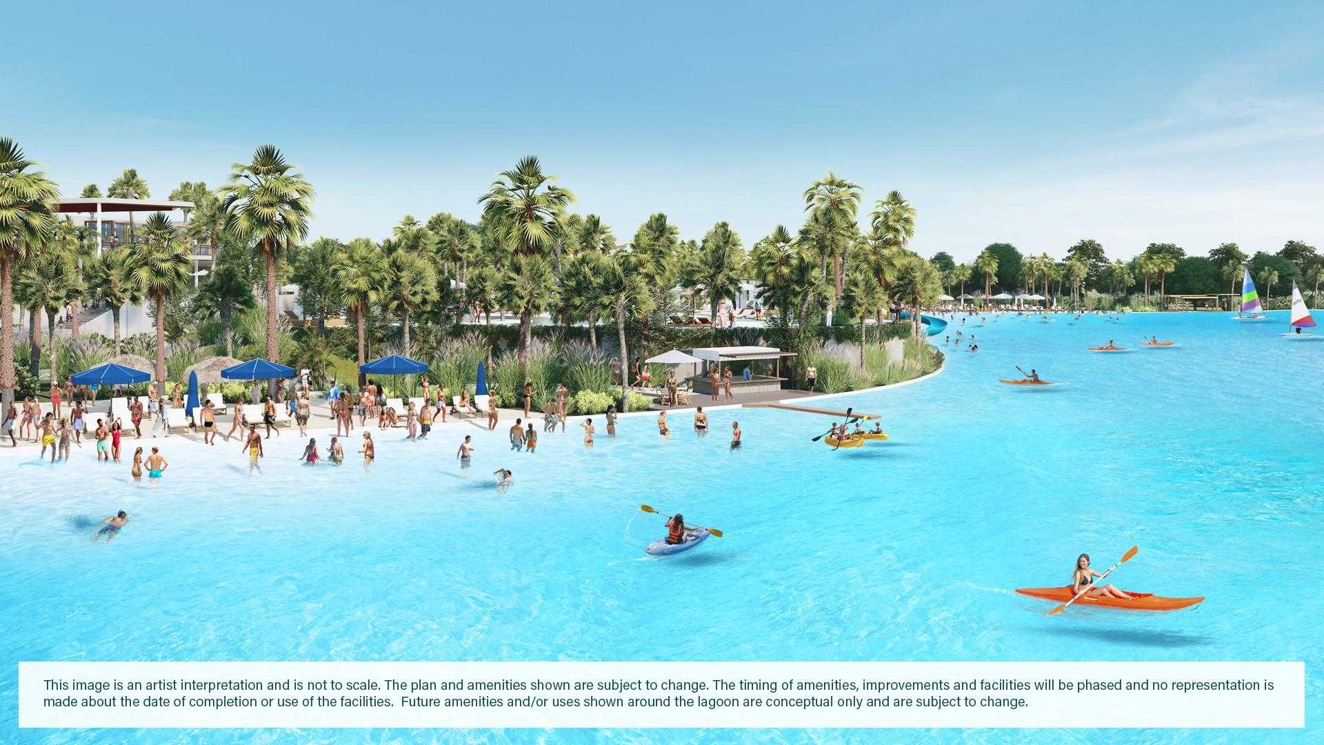 Resort-style lagoon with sandy beaches, palm trees, swimmers, kayaks and umbrellas in River Ranch Meadows, Dayton, Texas