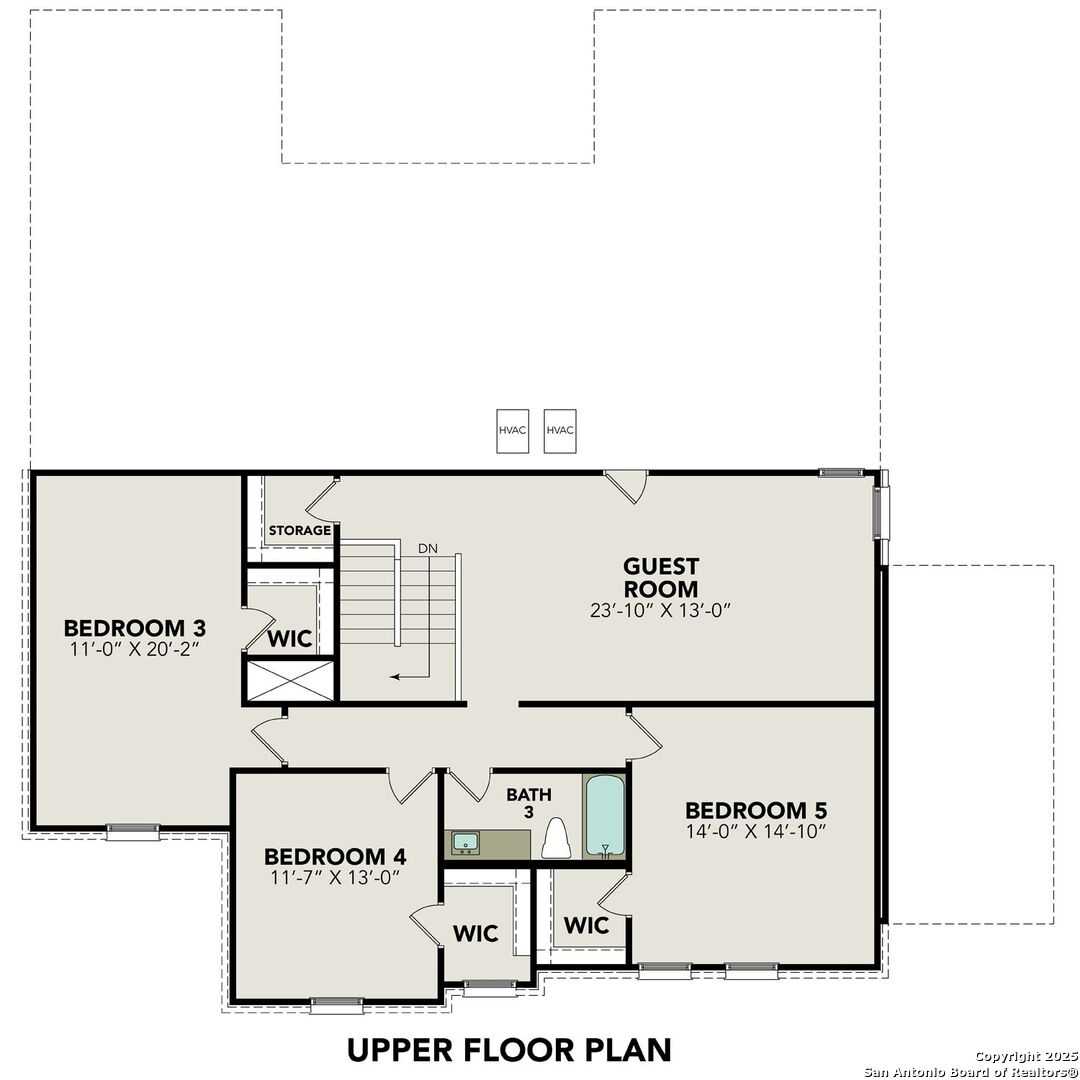 Upper floor plan of The Jennings H with 4 bedrooms, guest suite, baths, and storage in 5-bed Davidson Homes, Ladera, San Antonio