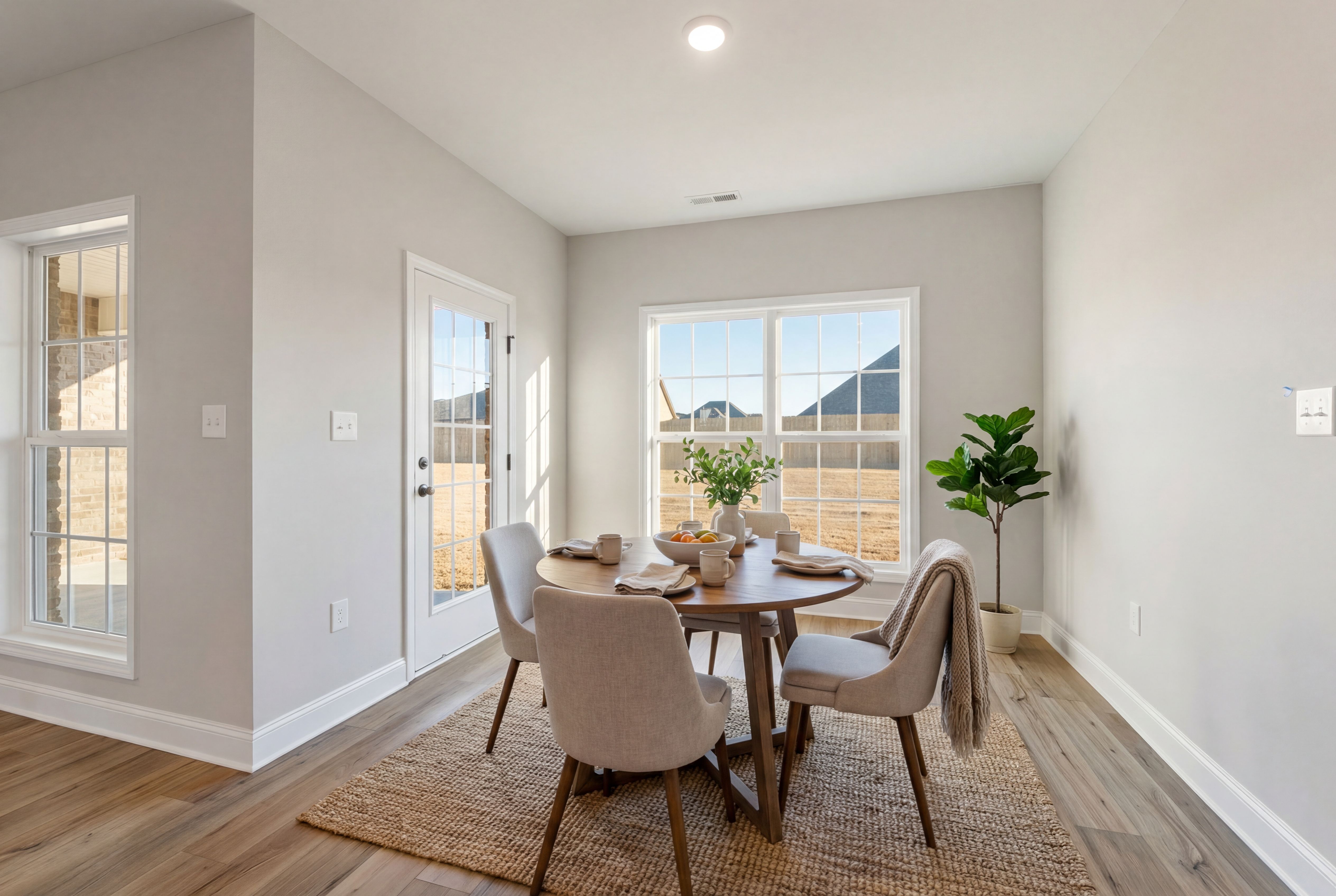 Cozy breakfast nook in The Valencia home with round wooden table, upholstered chairs, fresh flowers, and large sunny windows