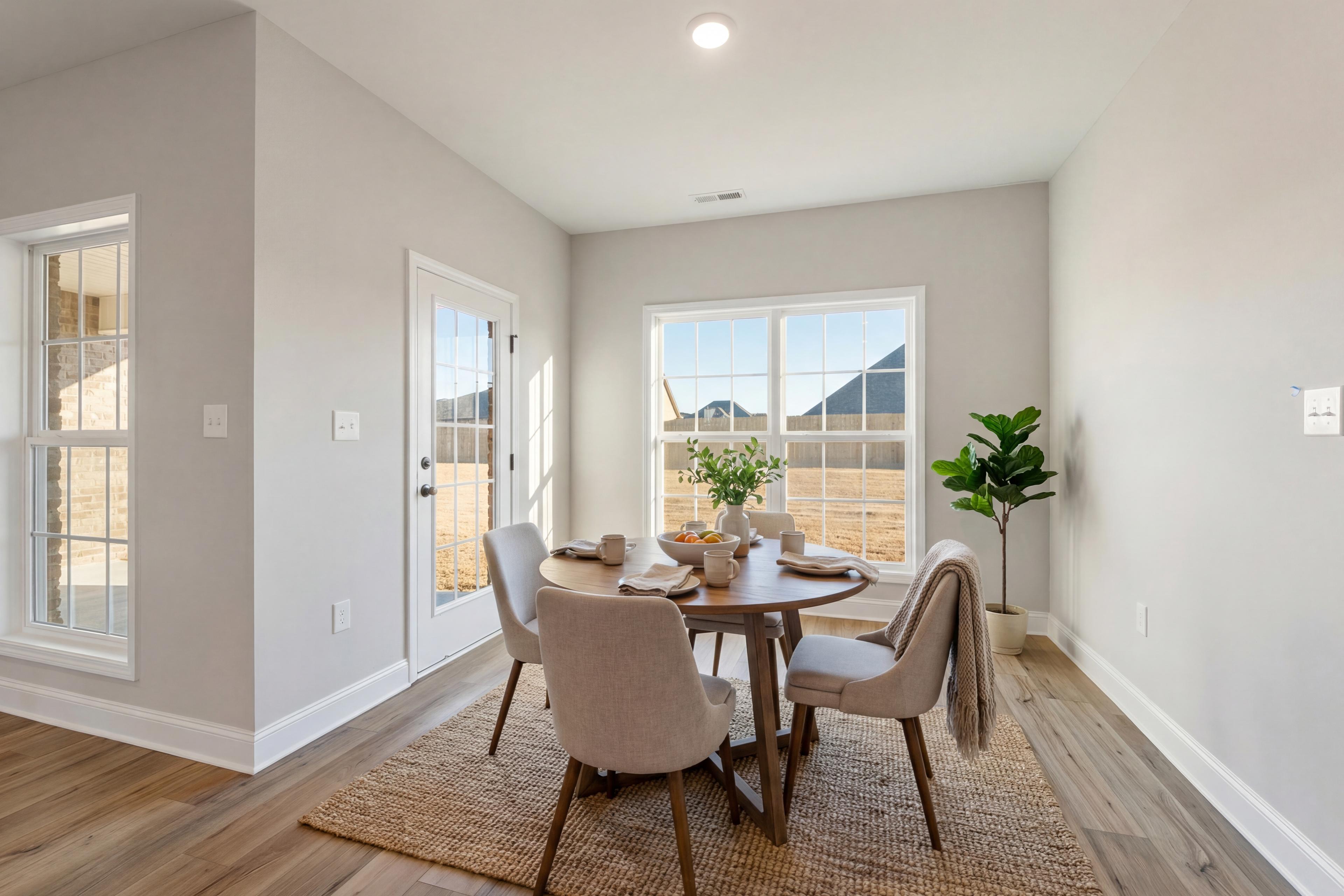 Cozy breakfast nook in The Valencia home with round wooden table, upholstered chairs, fresh flowers, and large sunny windows