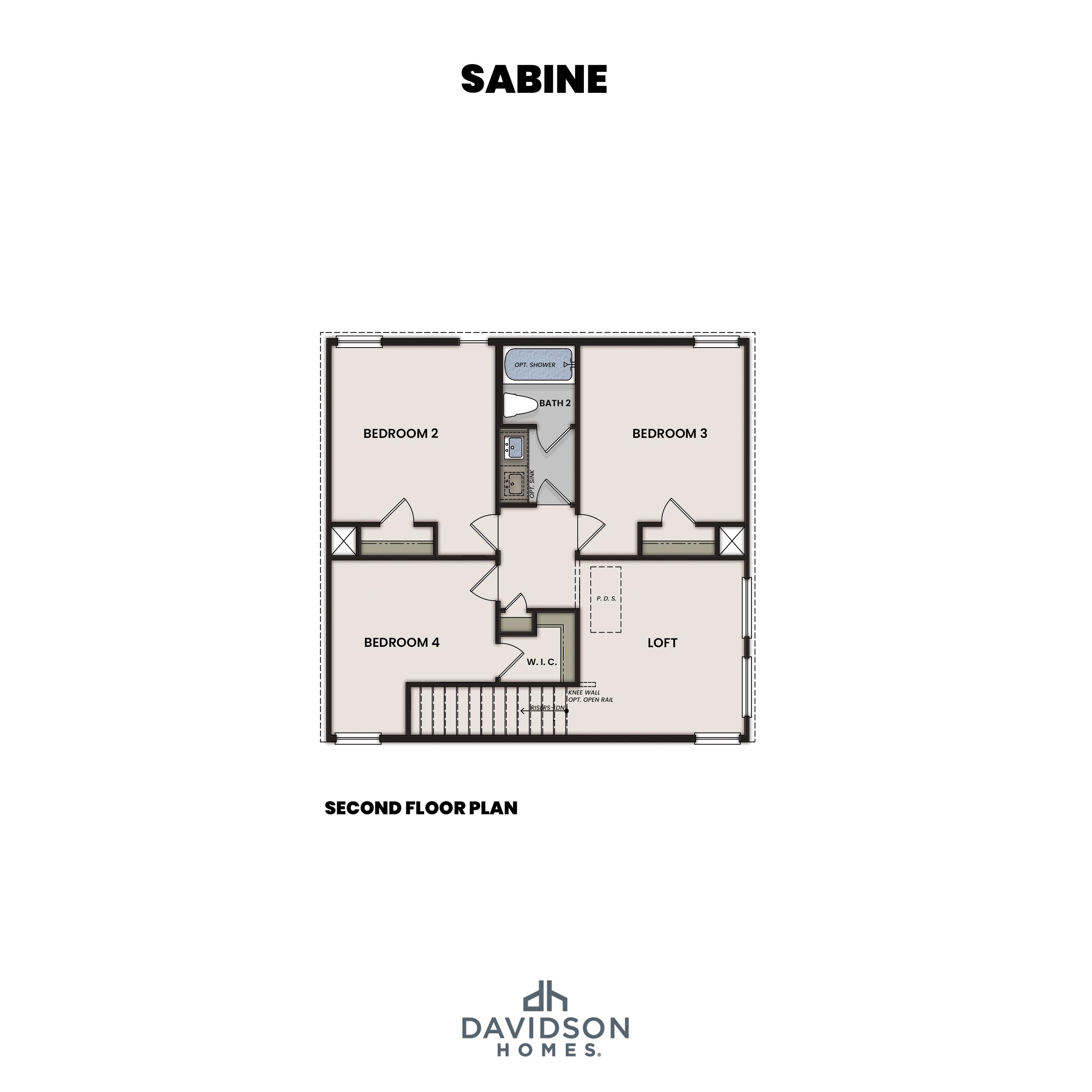 Second floor layout of The Sabine floor plan featuring three 12x15 bedrooms, two baths, loft, and stairs