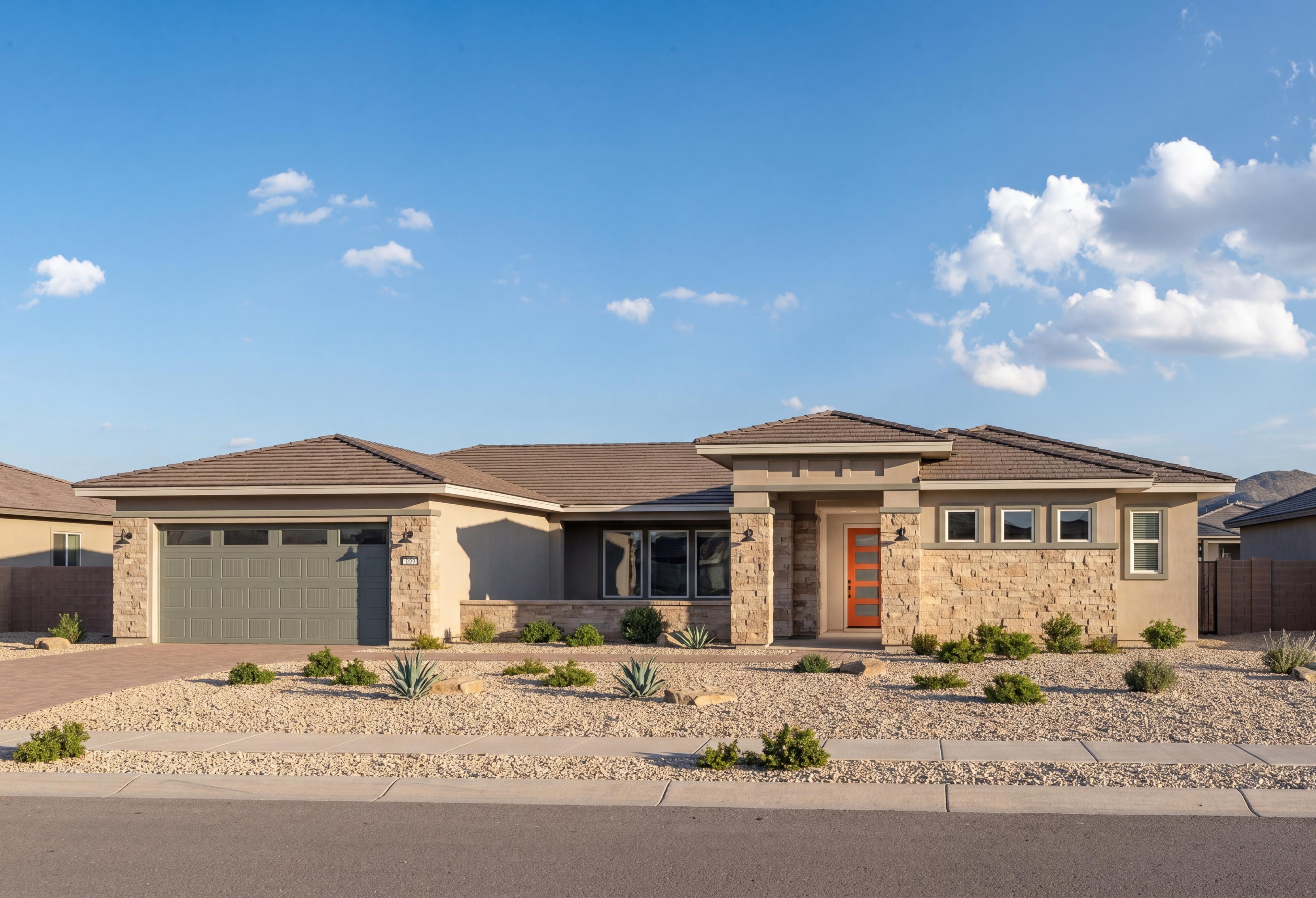 Contemporary single-story exterior of The Sundance in Prescott, featuring stone accents, desert landscaping, and garage.