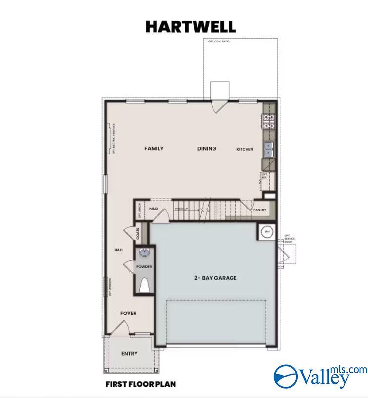 First-floor plan of The Hartwell B by Davidson Homes in Bailey Park, featuring open-concept living and a 2-car garage.