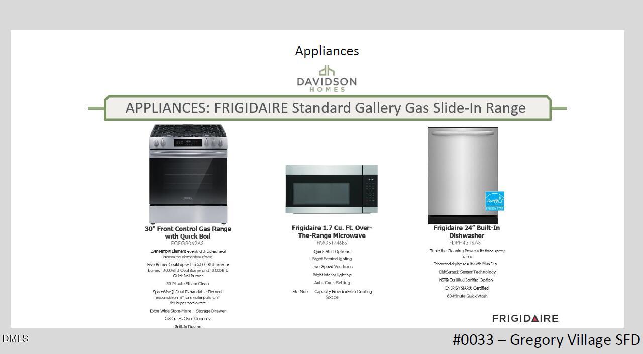 Frigidaire gallery gas slide-in range, stainless microwave, dishwasher in Davidson Homes The Carter C kitchen, Gregory Village, Lillington, NC