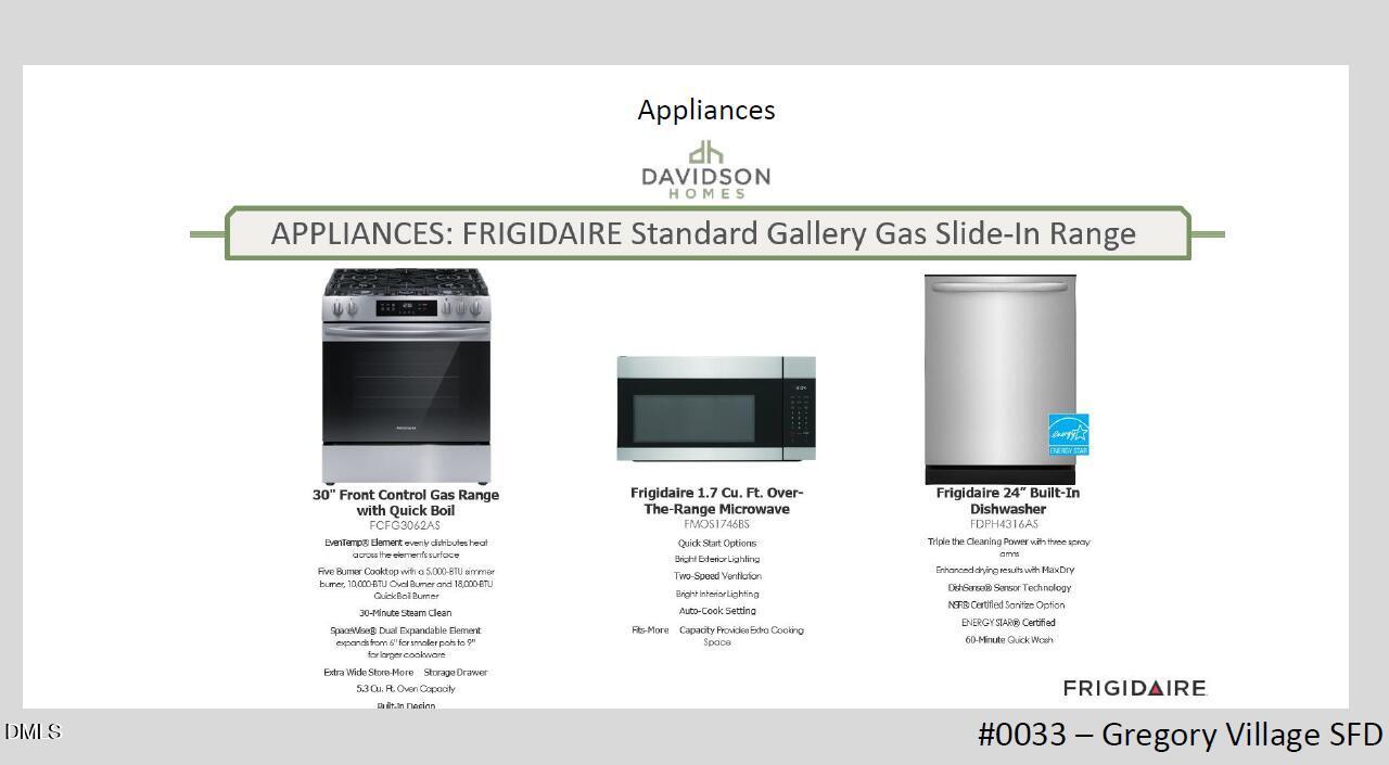 Frigidaire gallery gas slide-in range, stainless microwave, dishwasher in Davidson Homes The Carter C kitchen, Gregory Village, Lillington, NC
