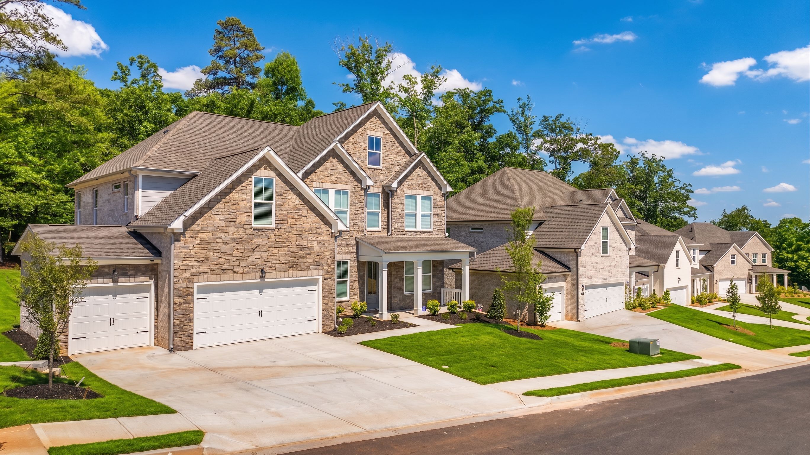 Stone exterior homes at Melody Lakeside Estates in Buford, GA, built by Davidson Homes with attached garages.