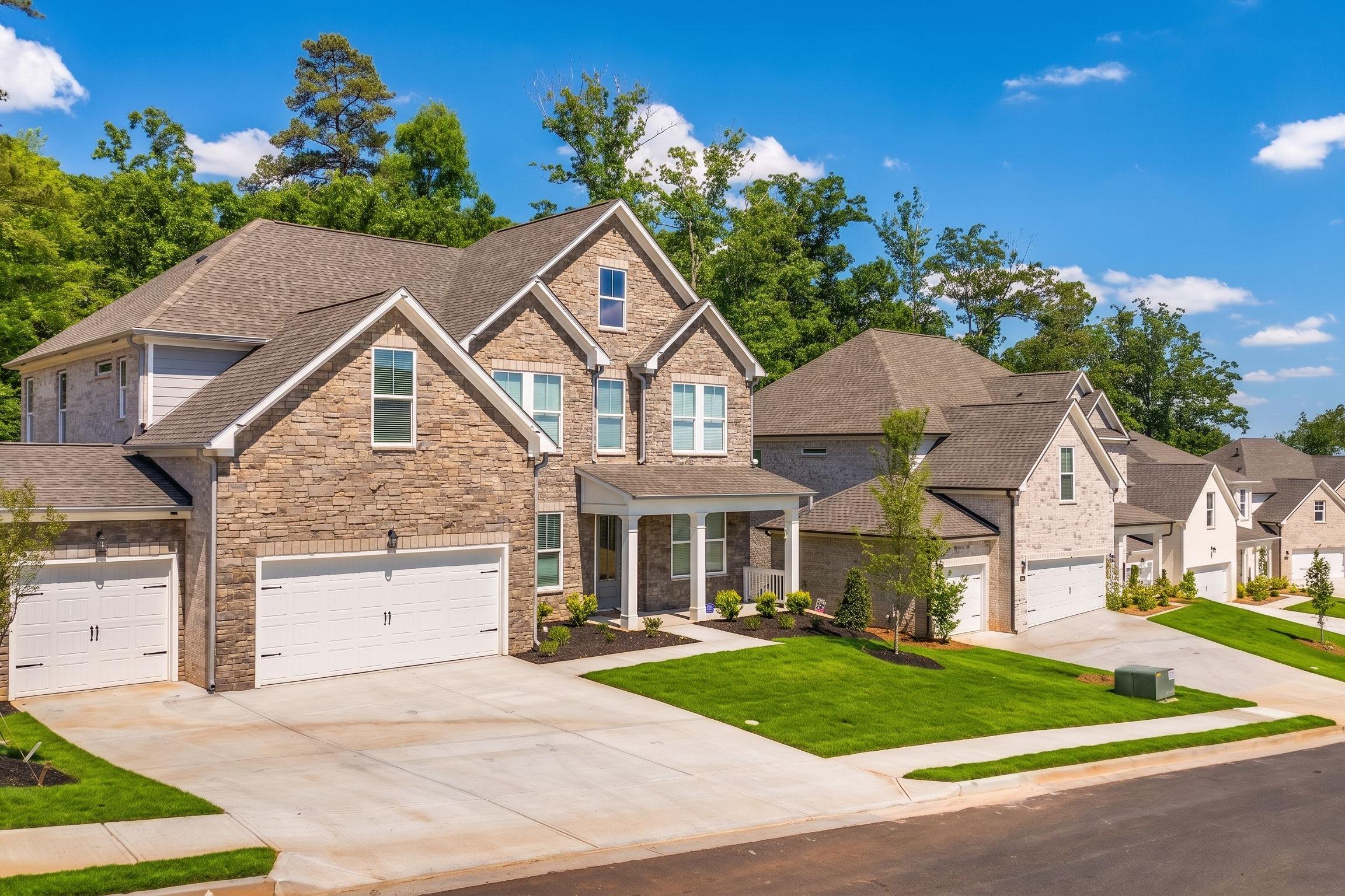 Stone exterior homes at Melody Lakeside Estates in Buford, GA, built by Davidson Homes with attached garages.