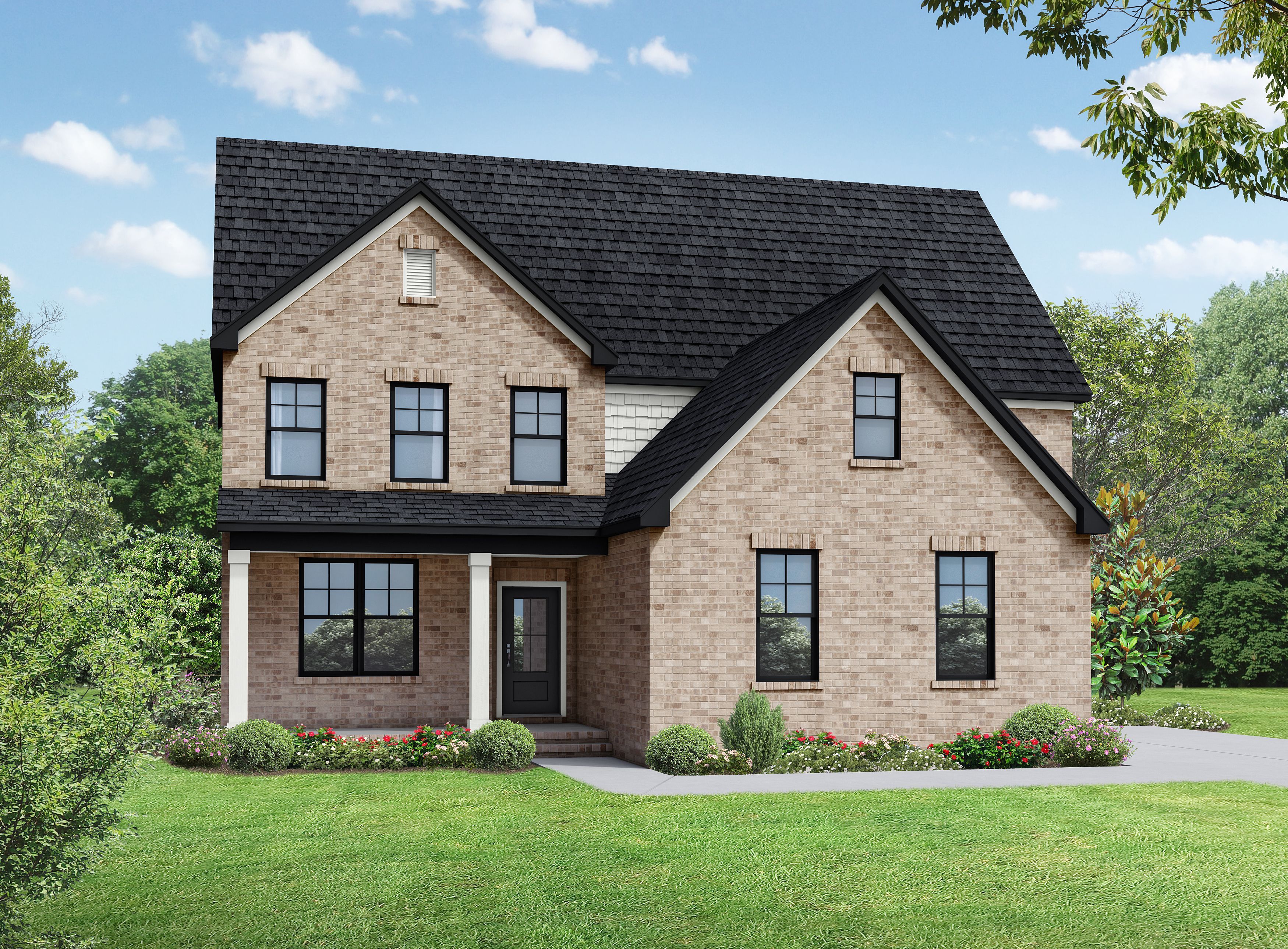 The Ash A elevation by Davidson Homes featuring a two-story exterior with gray siding and a welcoming front porch.