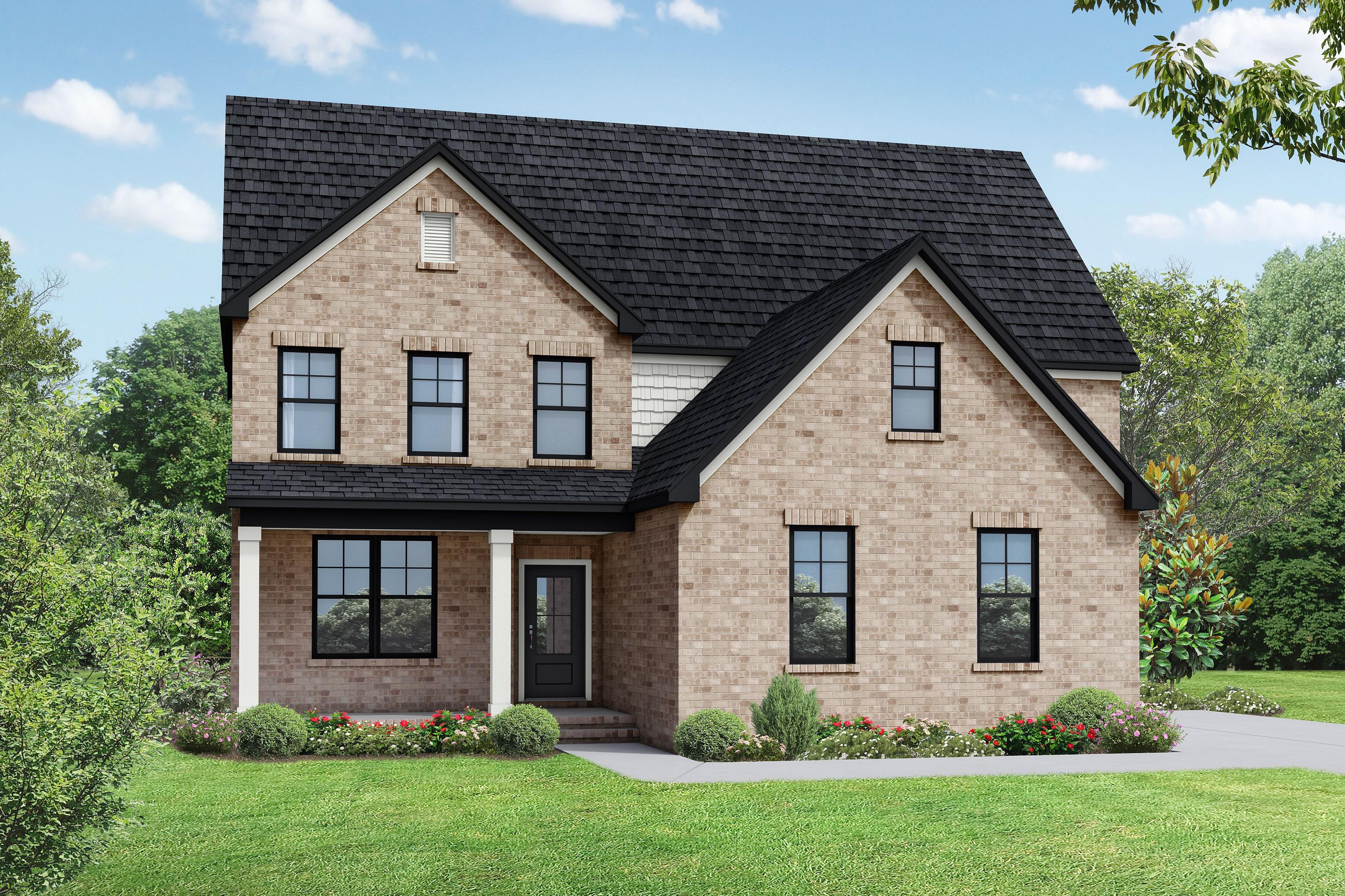 The Ash A elevation by Davidson Homes featuring a two-story exterior with gray siding and a welcoming front porch.