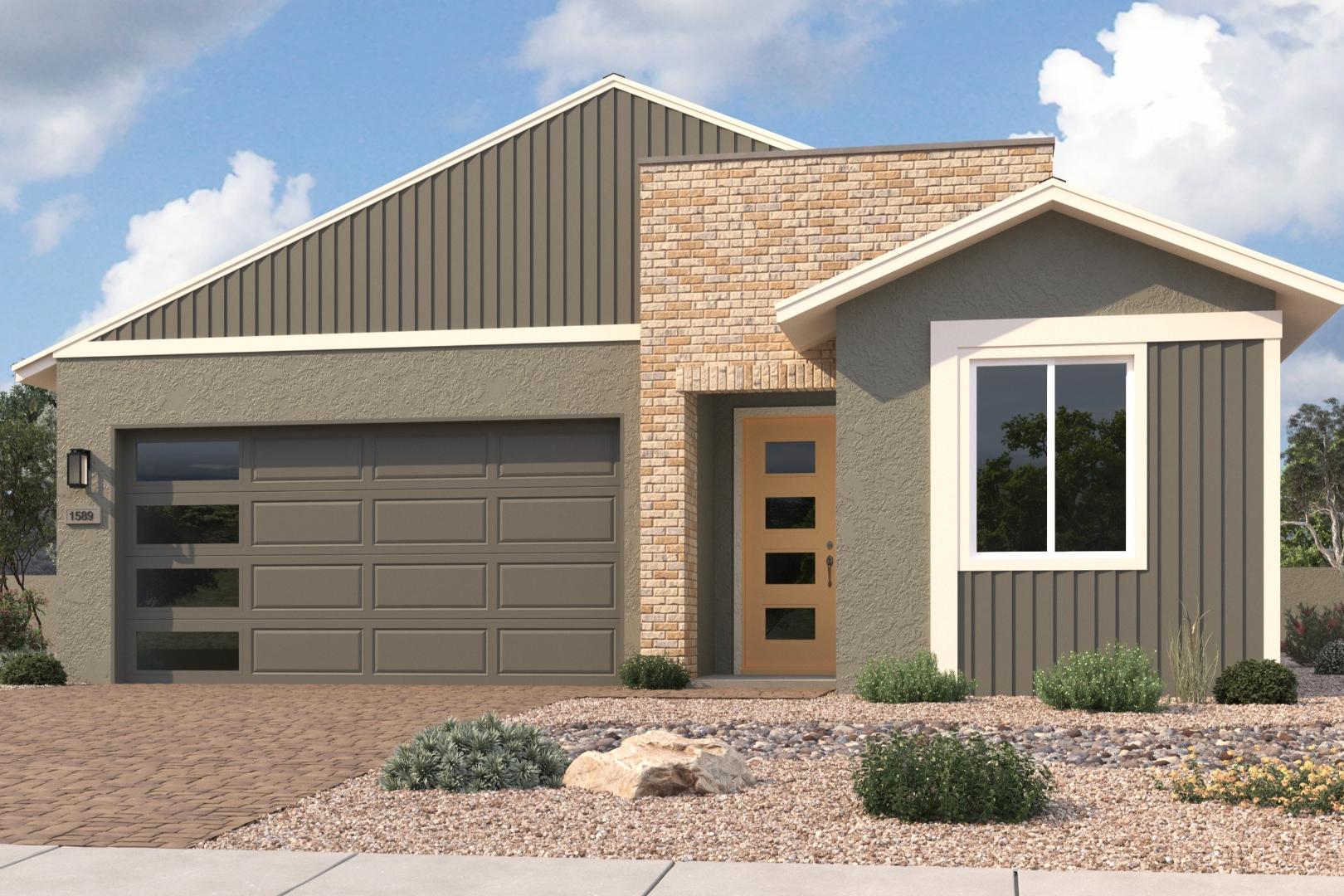 Modern single-story elevation of The Frontier II showcasing gray siding, brick accents, 2-car garage in Prescott AZ