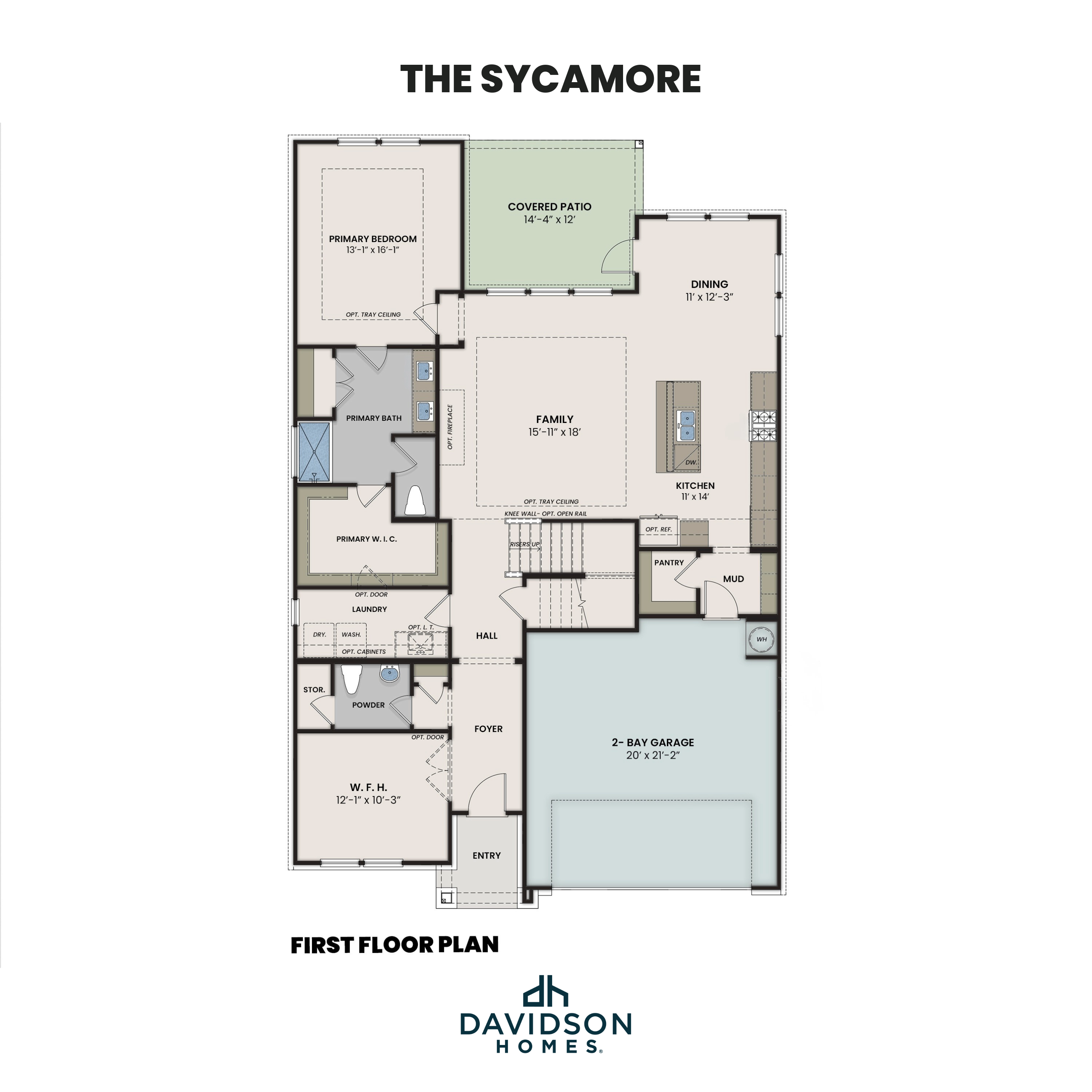 First floor plan of The Sycamore by Davidson Homes: primary suite, open family room, kitchen with island, dining, 2-bay garage, covered patio
