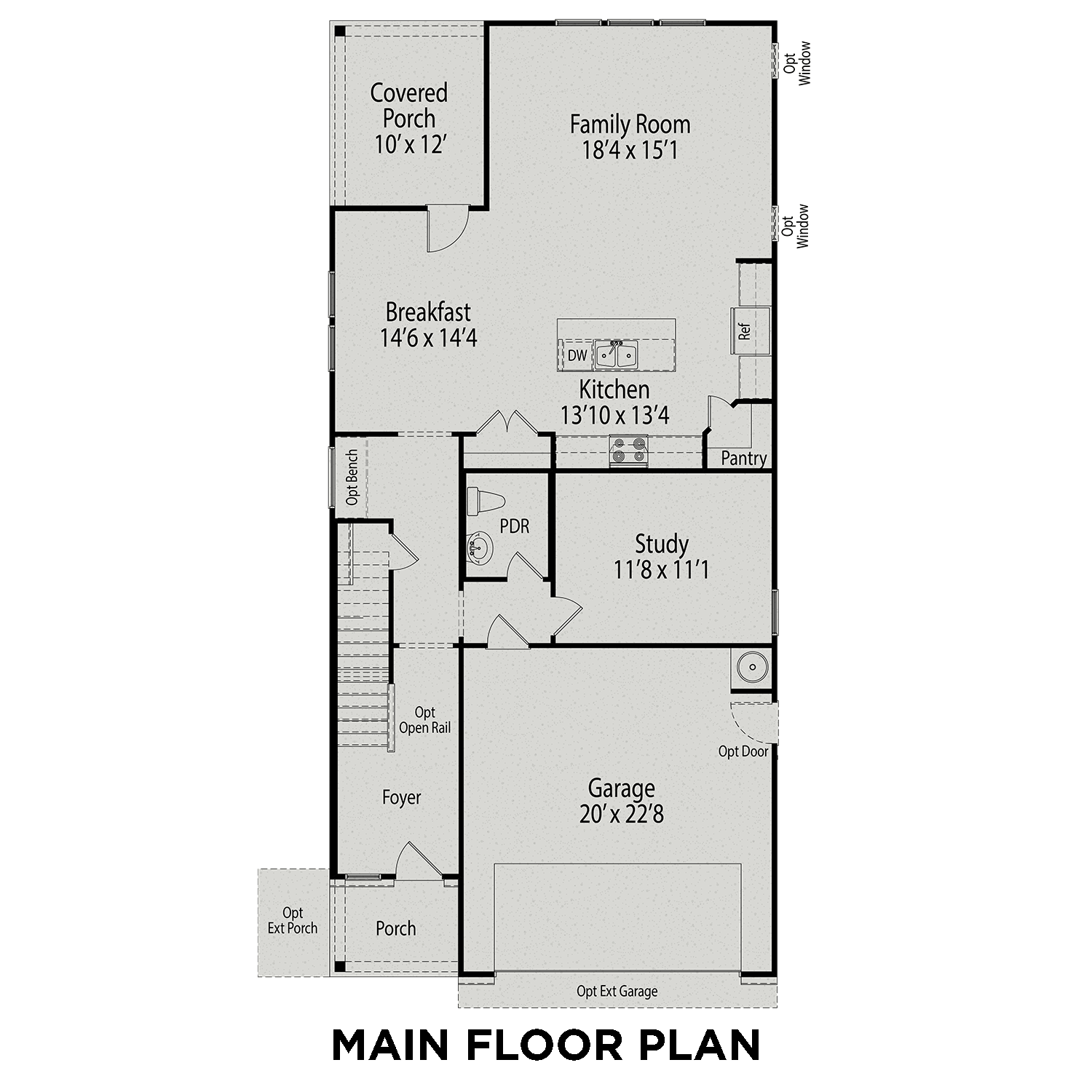 Preston A main floor plan featuring open-concept kitchen, breakfast nook, family room, study, and two-car garage