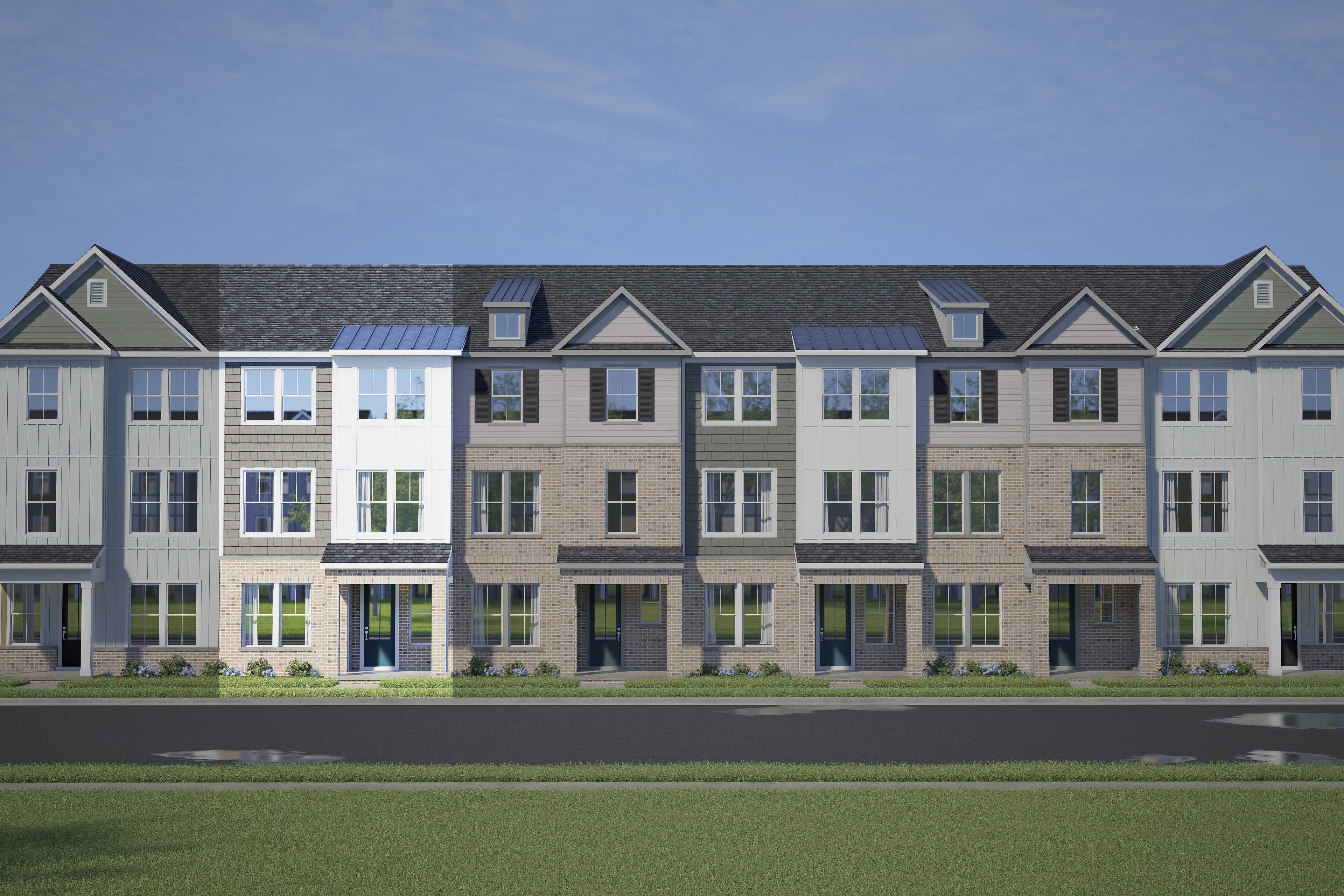 Modern row of 3-story The Avery townhomes with white, gray, and brick siding, 2-car garages, and front porches in Knightdale, NC
