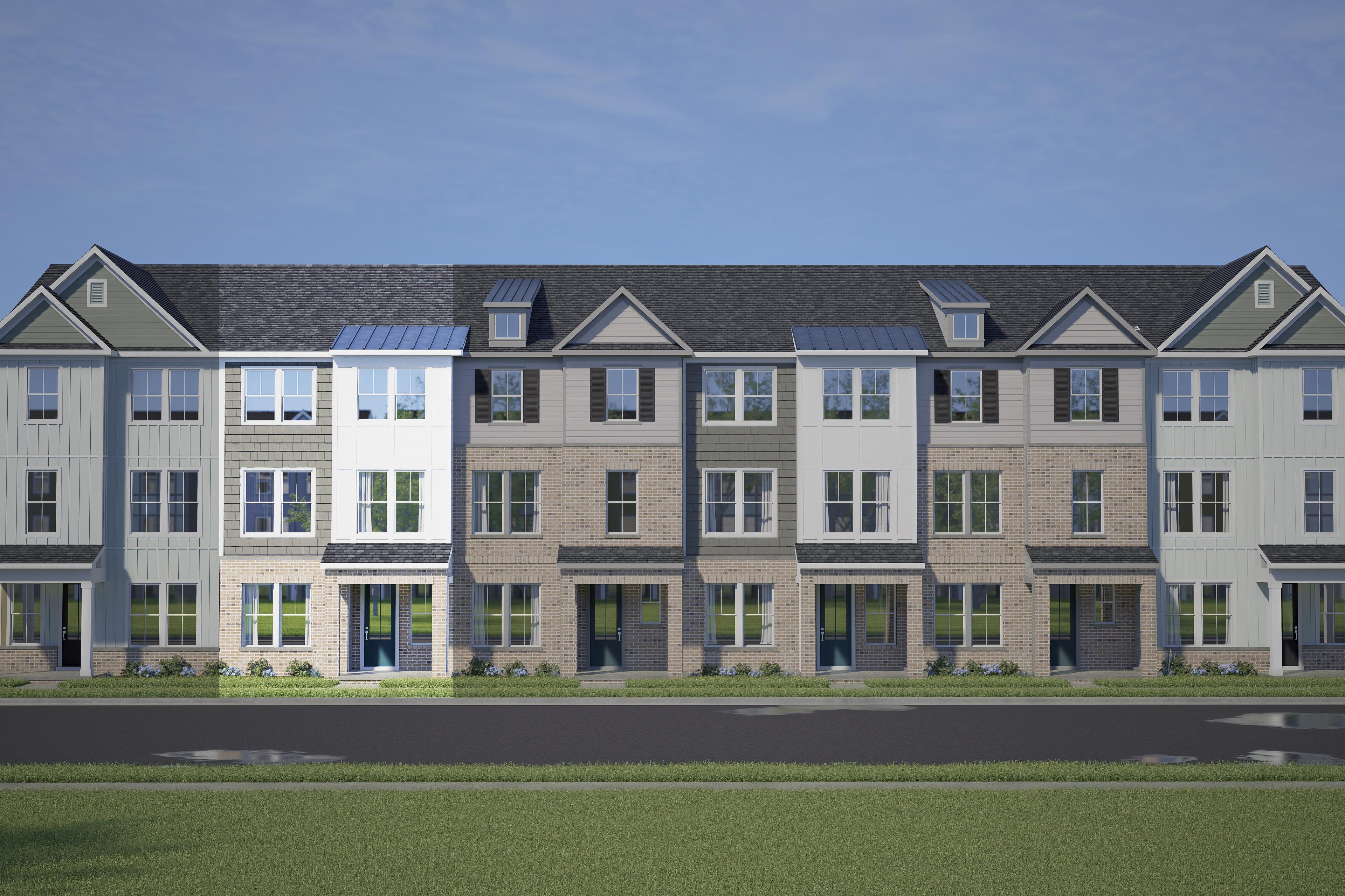 Modern row of 3-story The Avery townhomes with white, gray, and brick siding, 2-car garages, and front porches in Knightdale, NC