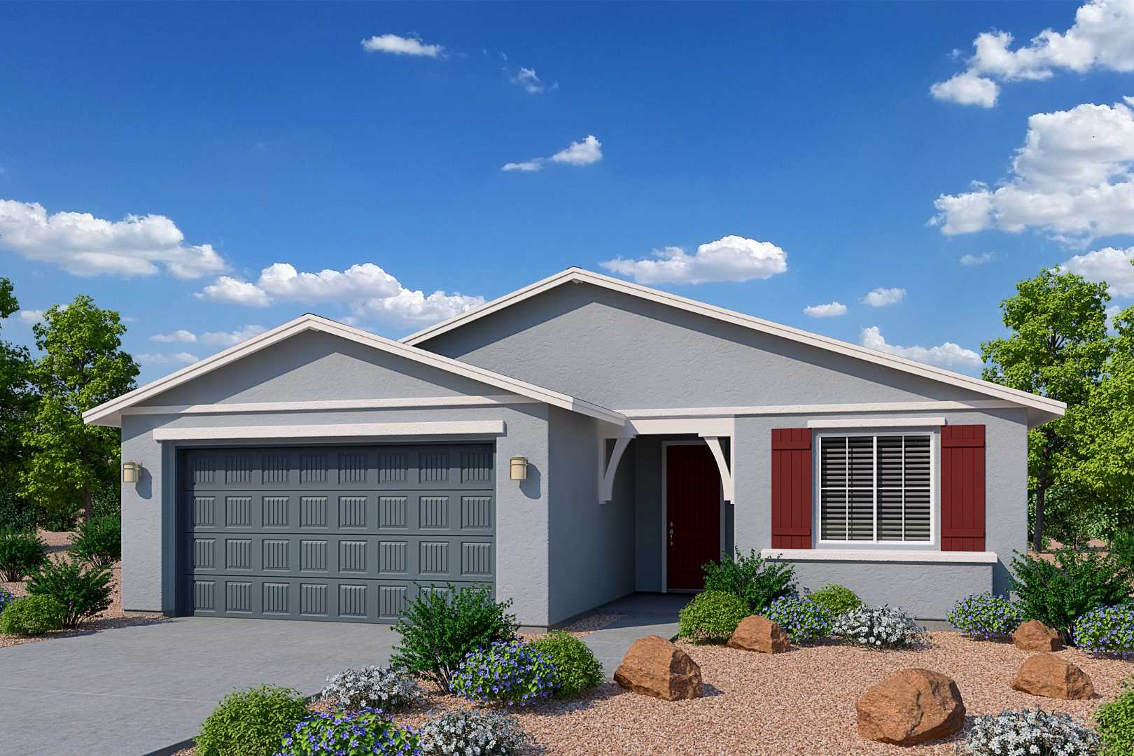 Front elevation of The Cimarron II single-story home in Prescott AZ, gray siding, red door shutters, 2-car garage, desert landscaping