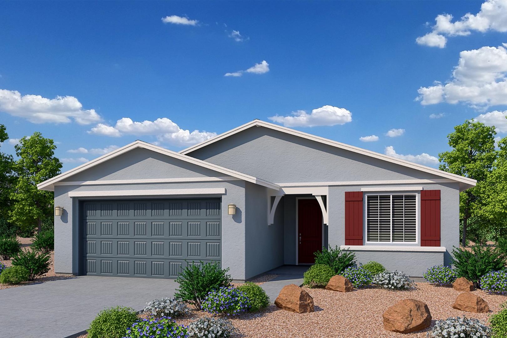 Front elevation of The Cimarron II single-story home in Prescott AZ, gray siding, red door shutters, 2-car garage, desert landscaping