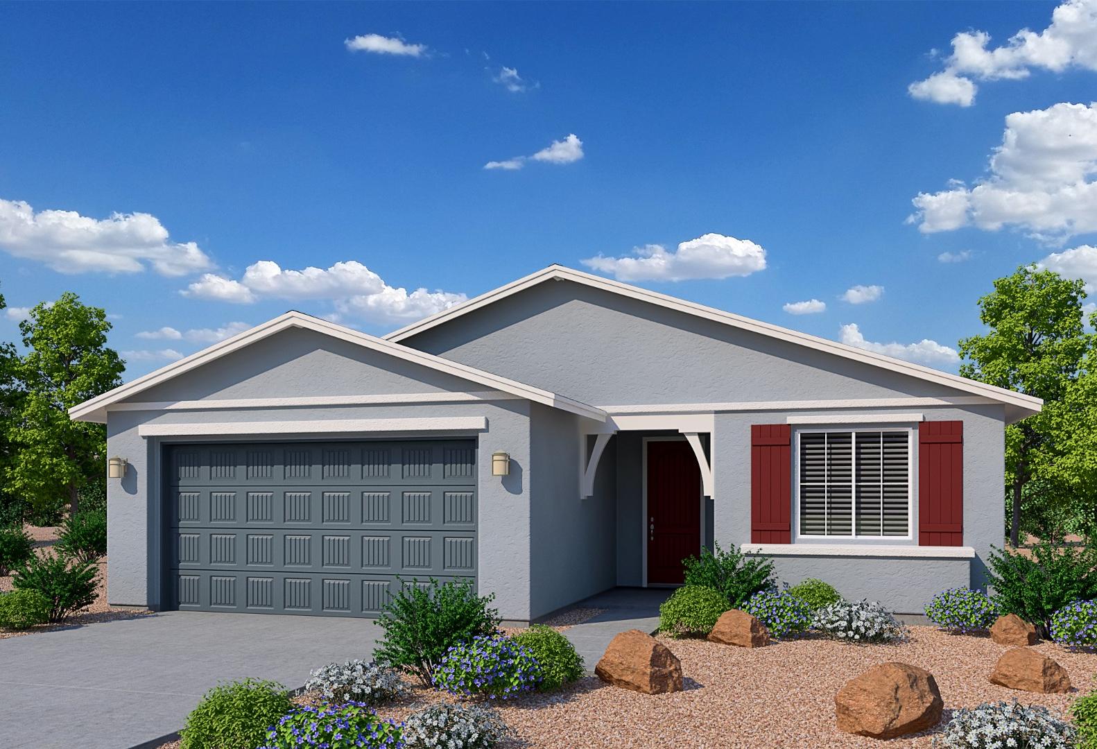 Front elevation of The Cimarron II single-story home in Prescott AZ, gray siding, red door shutters, 2-car garage, desert landscaping