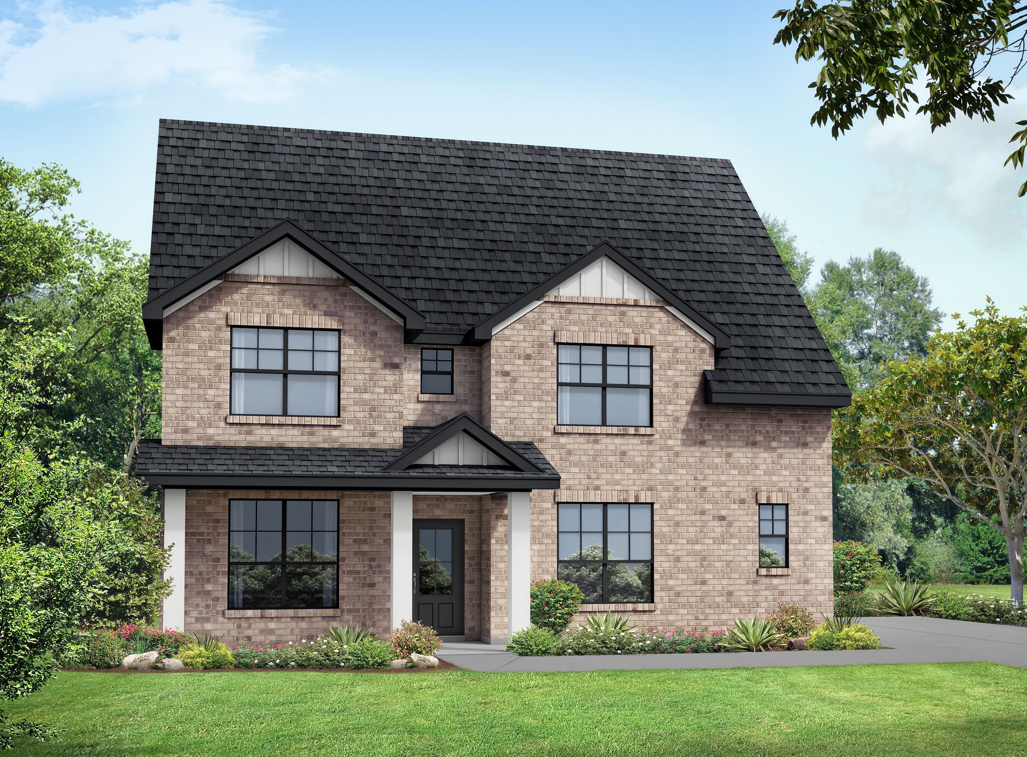 Two-story Ridgeport home elevation by Davidson Homes featuring brick and siding exterior, black roof, front porch in Mt. Juliet TN