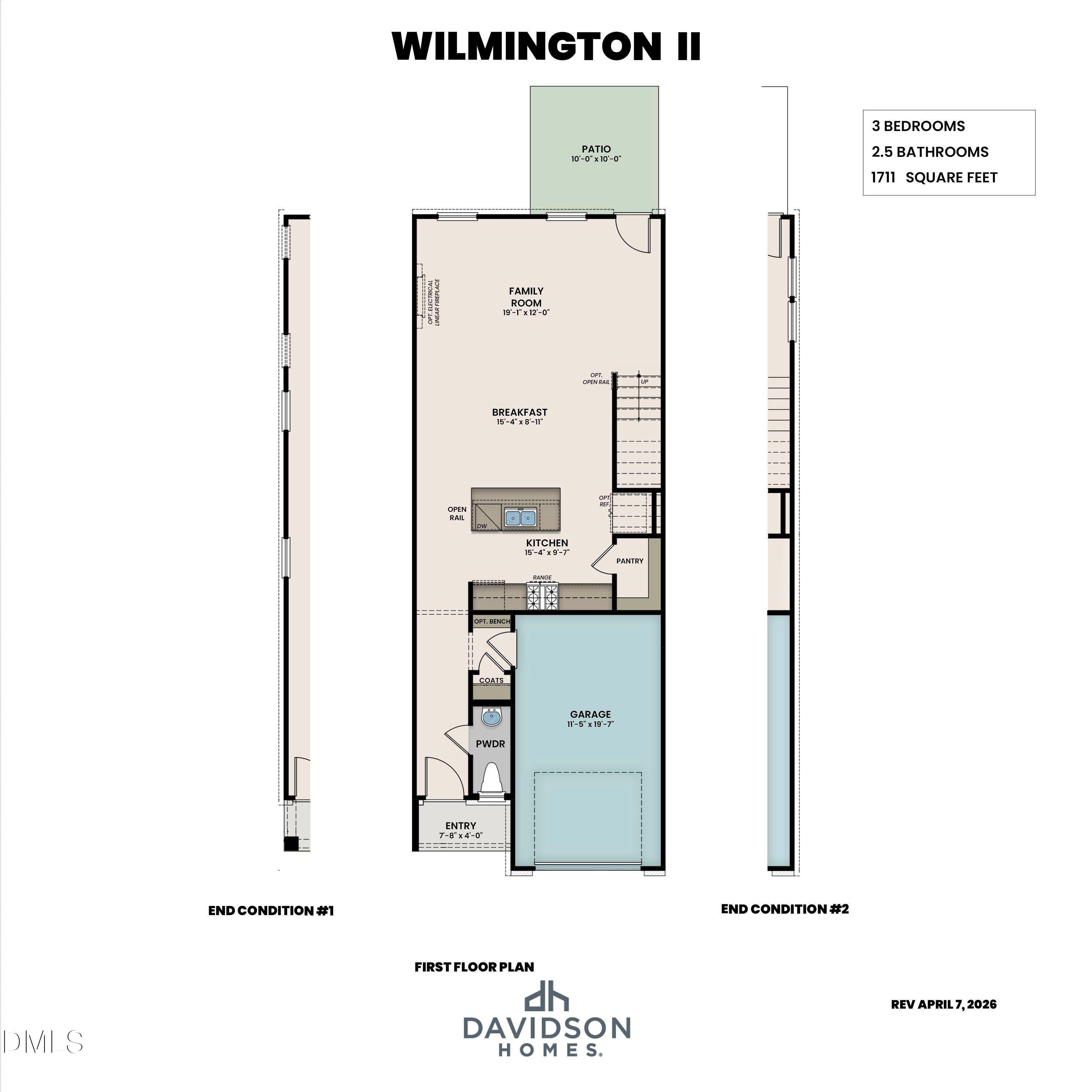 First floor plan for Wilmington II by Davidson Homes featuring 1,711 sq ft, 3 bedrooms, and 1-car garage in Lillington.