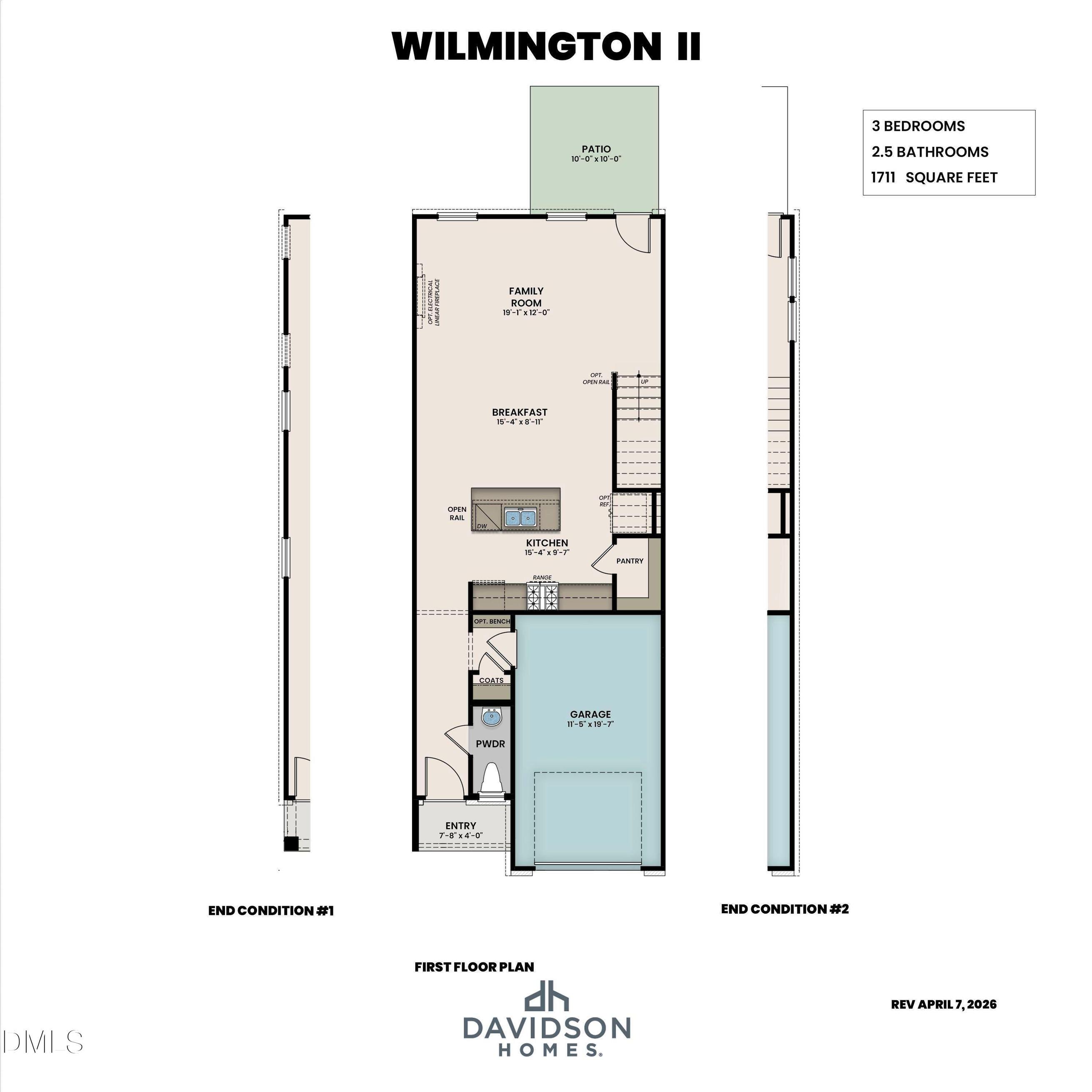 First floor plan for Wilmington II by Davidson Homes featuring 1,711 sq ft, 3 bedrooms, and 1-car garage in Lillington.