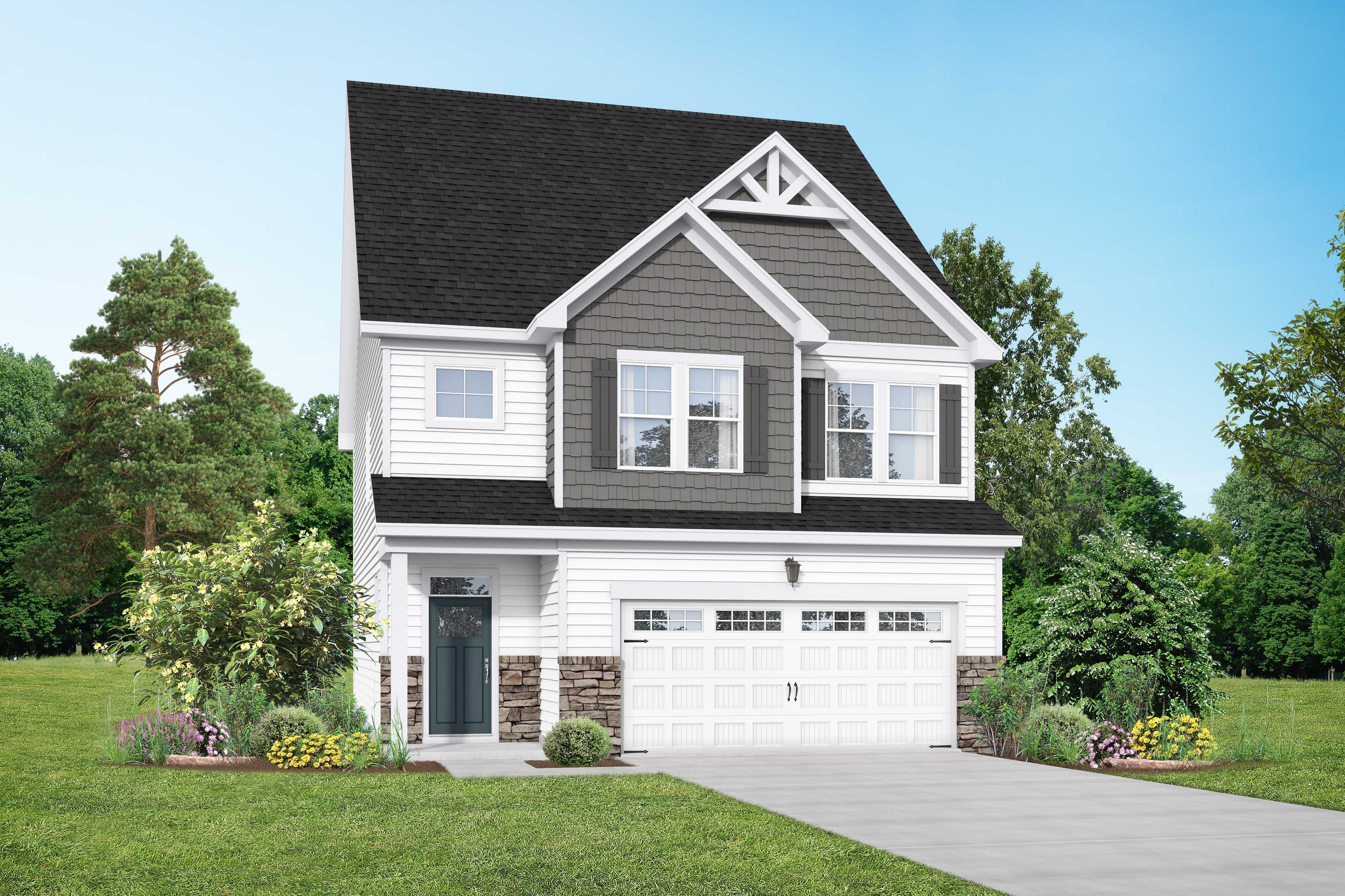 Two-story The Grace B home by Davidson Homes in Lillington, NC: white siding, gray accents, black gabled roof, 2-car garage, landscaped yard