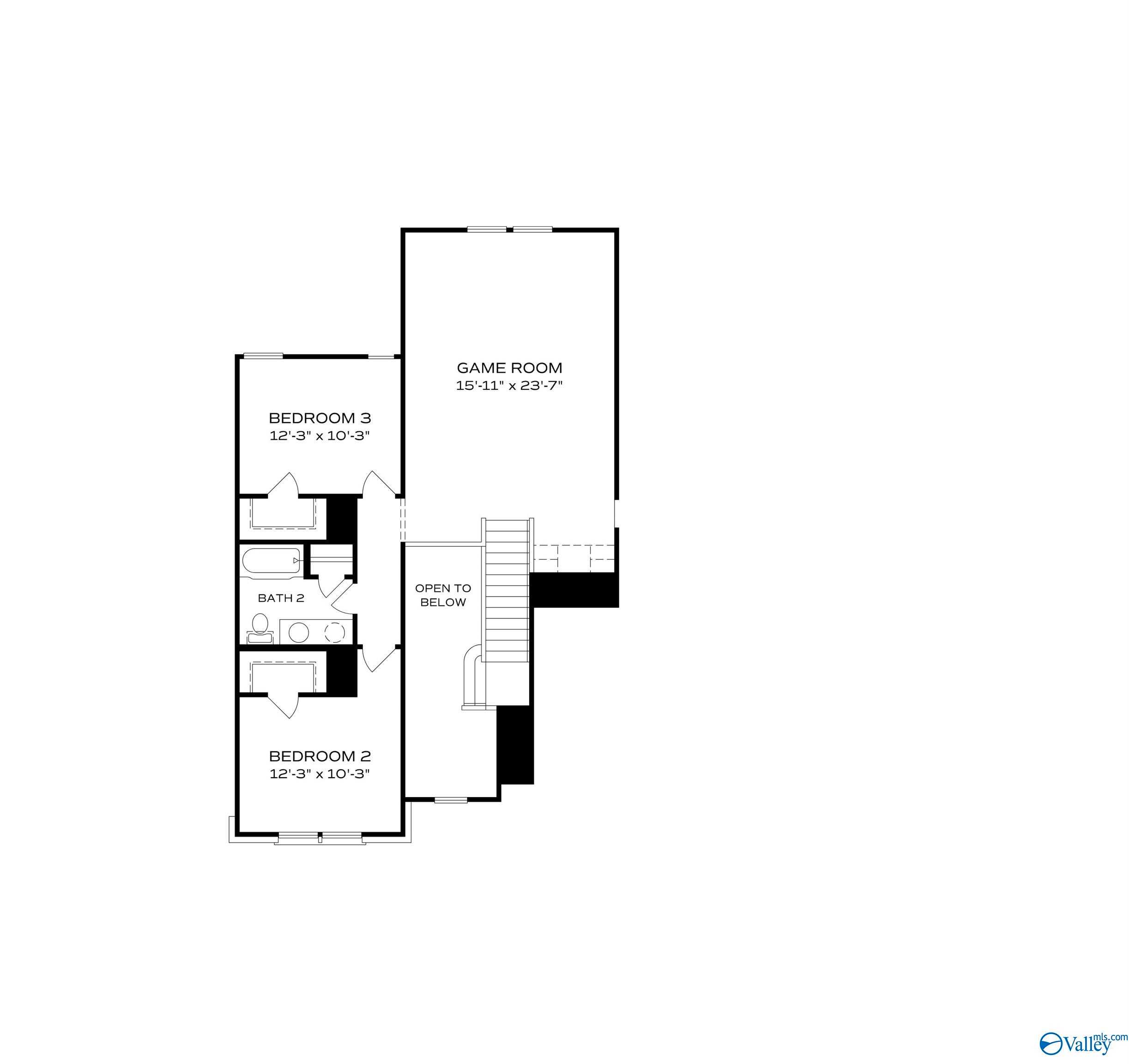 Second-floor layout of The Dorado: Bedroom 2 (12x10'), Bedroom 3 (12x10'), 16x15' game room, Bath 2 in Davidson Homes, Huntsville AL