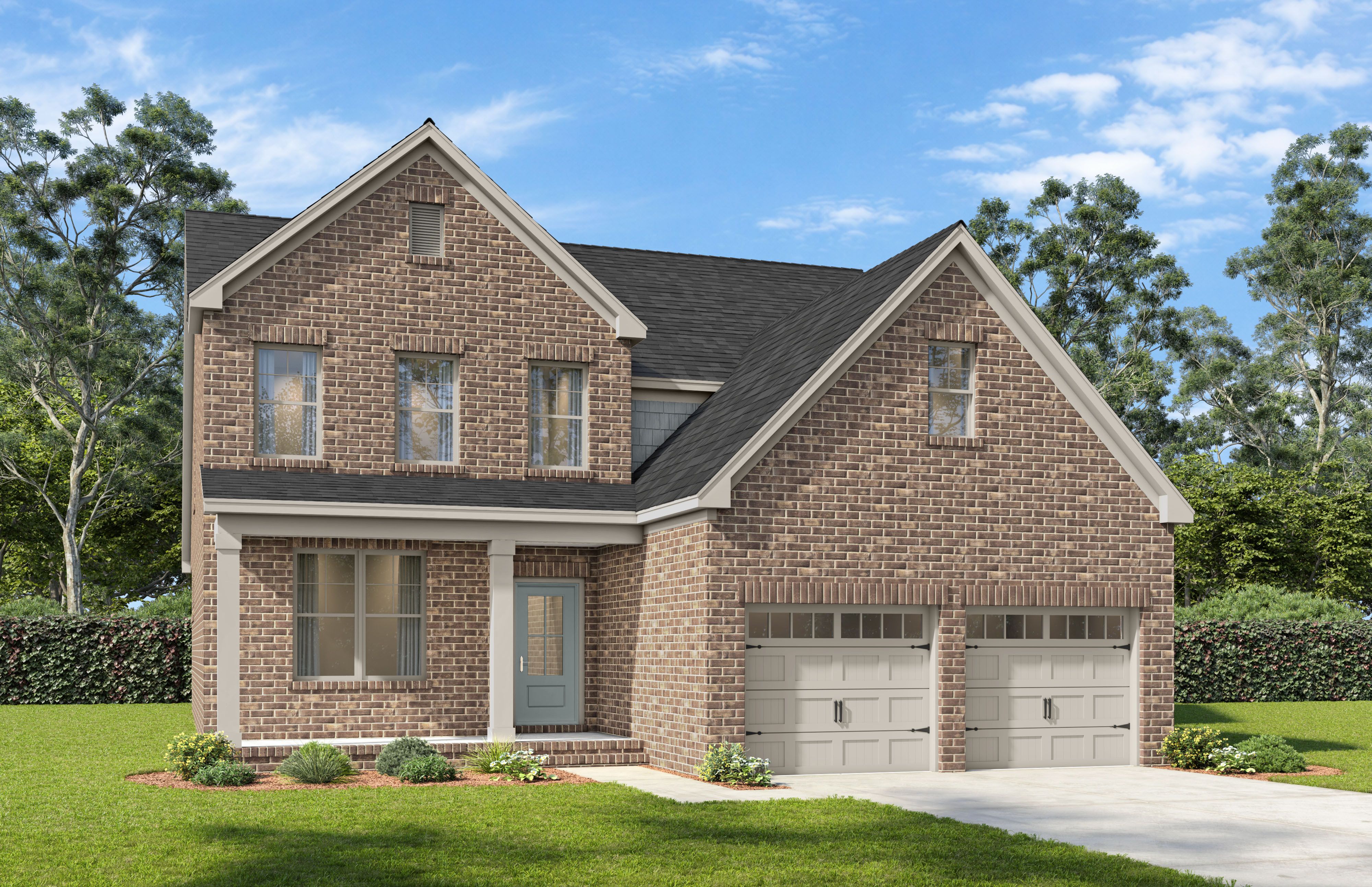 Two-story brick exterior elevation of The Ash A-BF home design featuring a two-car garage and classic gable rooflines.