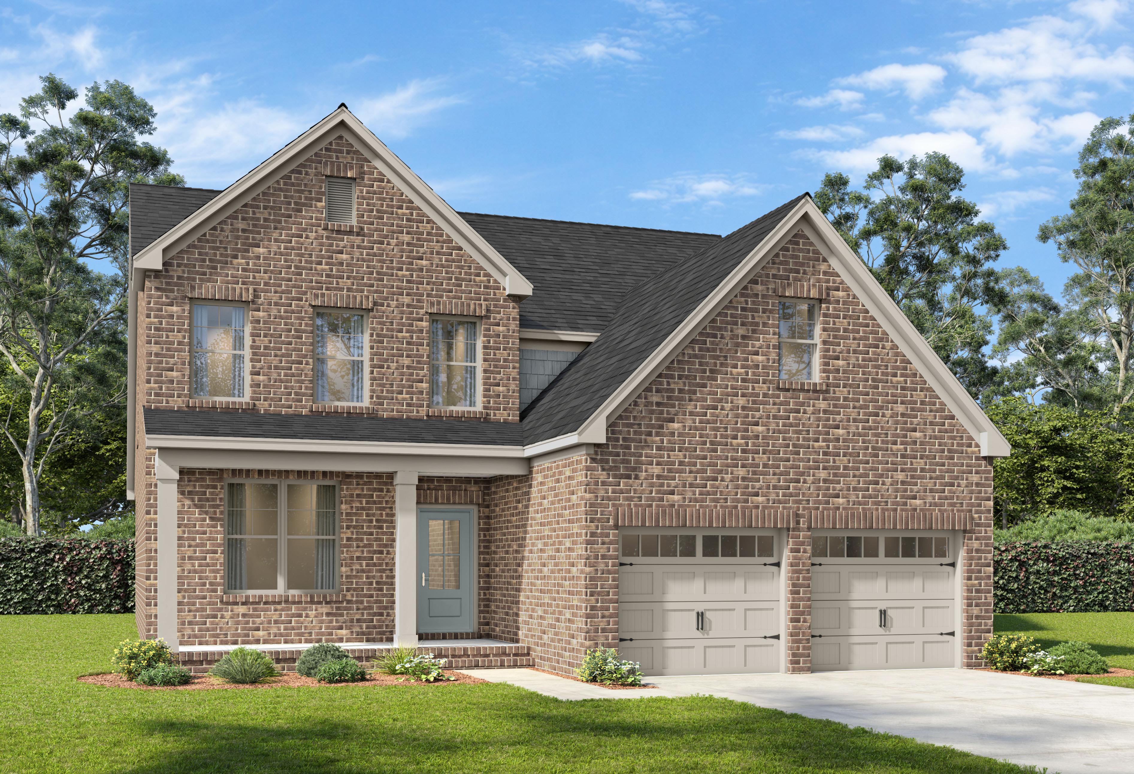 Two-story brick exterior elevation of The Ash A-BF home design featuring a two-car garage and classic gable rooflines.