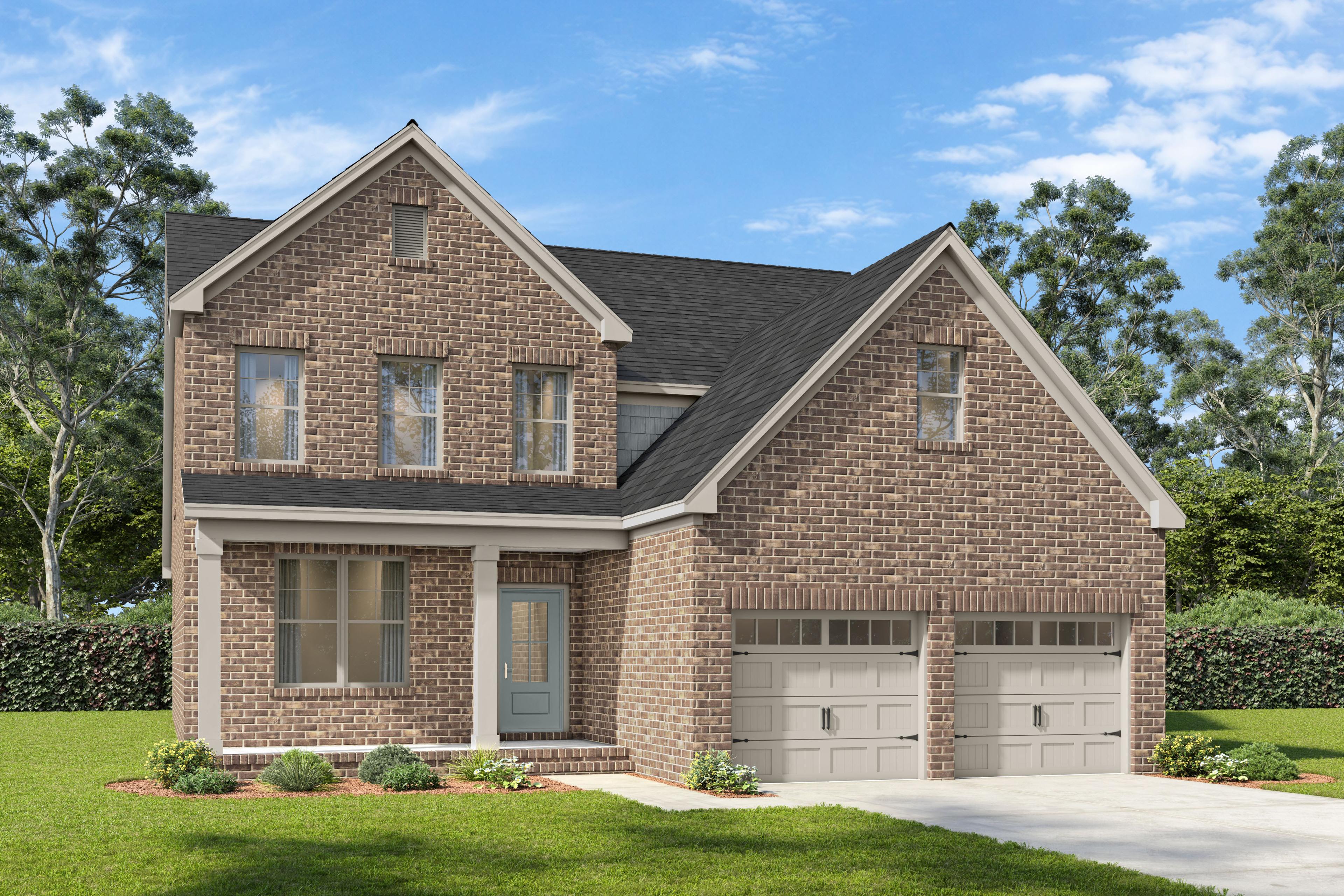 Two-story brick exterior elevation of The Ash A-BF home design featuring a two-car garage and classic gable rooflines.
