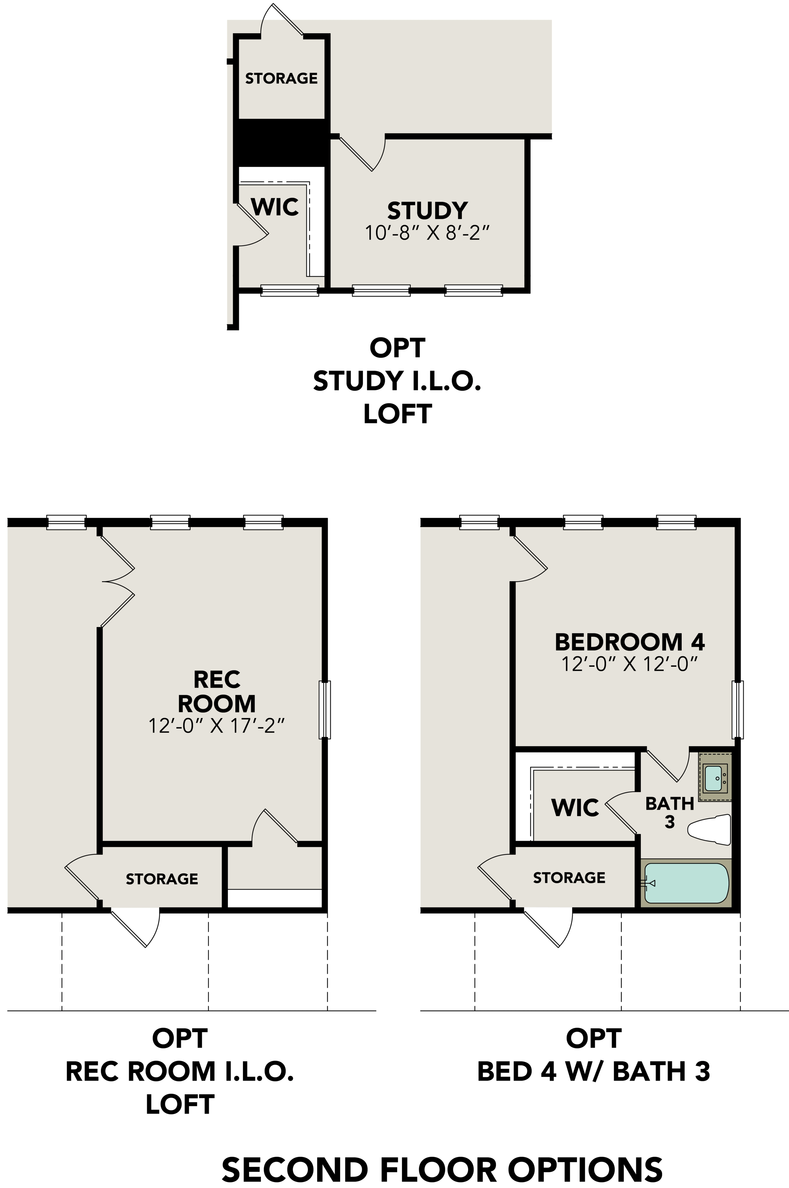 Second floor options for The Belmont G home plan: study loft, rec room (12x17 ft), bedroom 4 (12x12 ft) with bath and storage