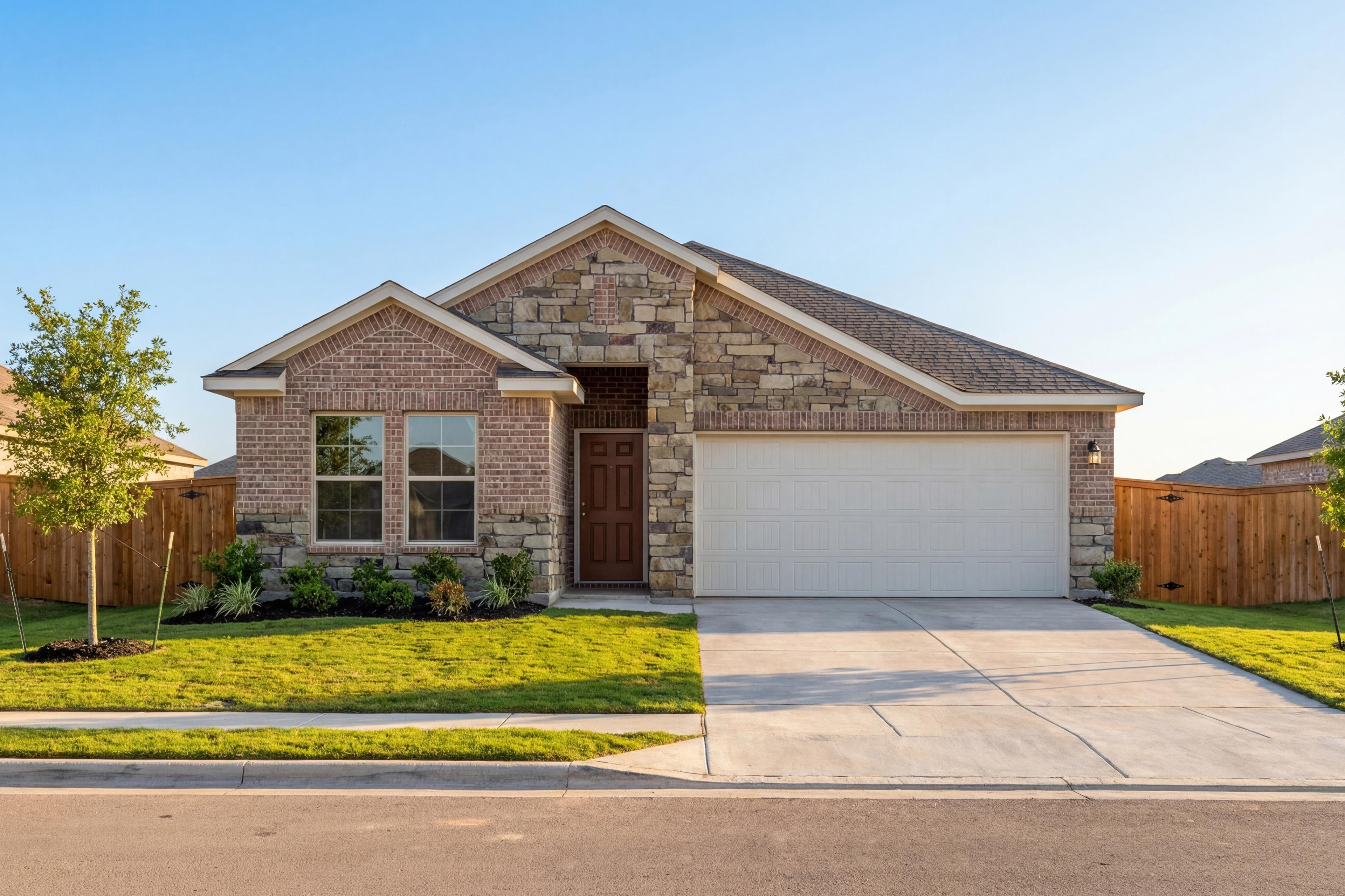 The Laguna C single-story home elevation in Beasley Texas featuring brick stone facade 2-car garage and landscaped front yard