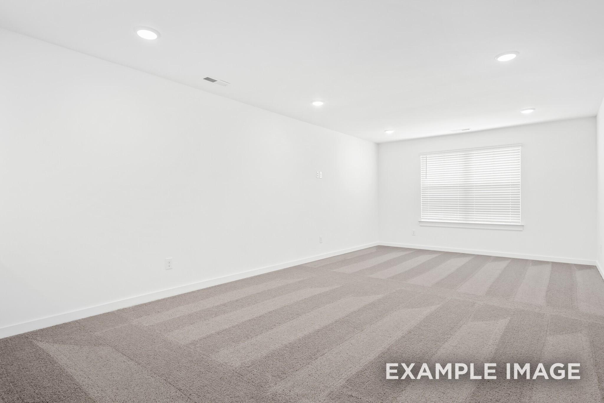 Empty bedroom featuring gray patterned carpet, white walls, recessed lighting, and large window blinds in Davidson Homes Ridgeport C, Gallatin, TN