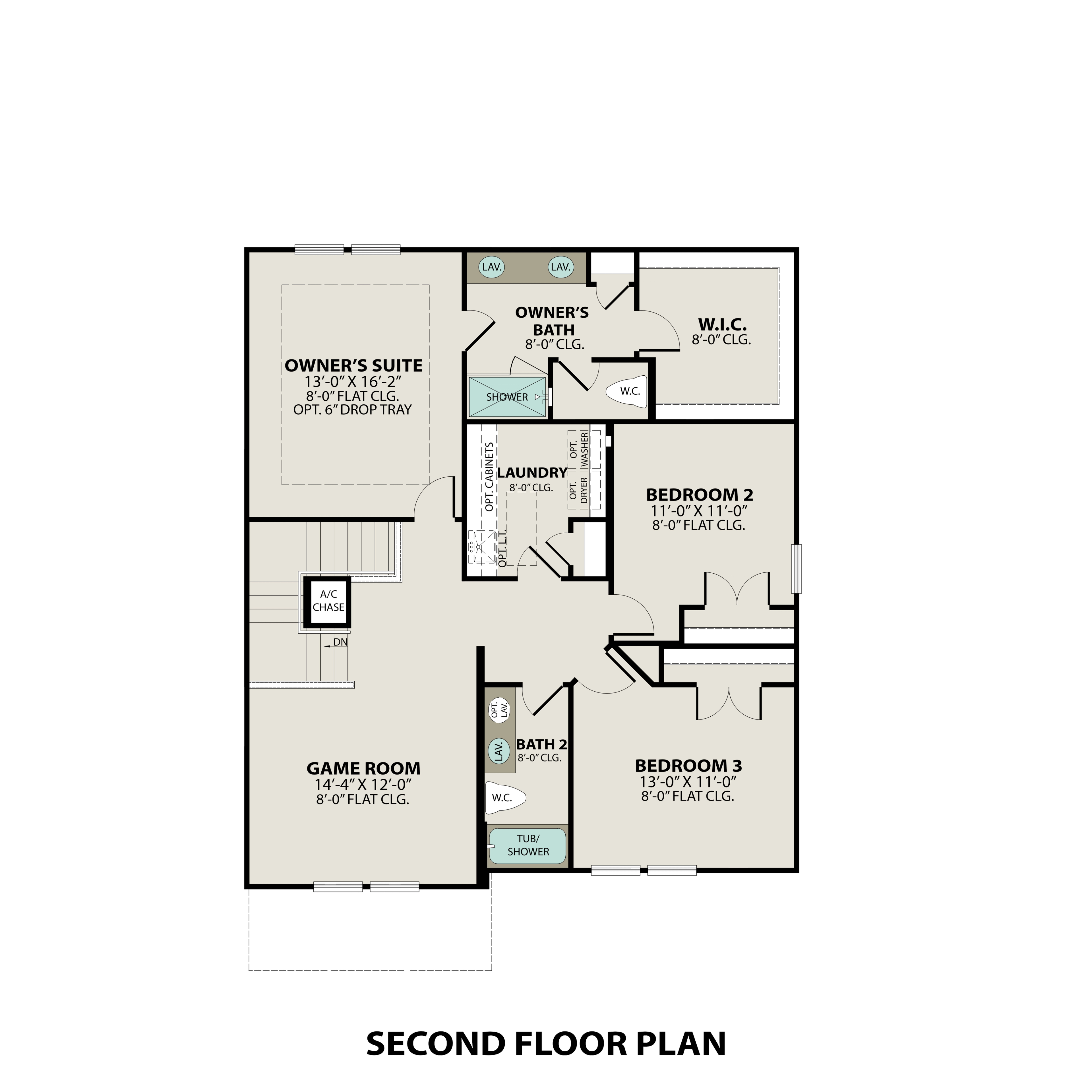 Second floor plan of The Logan C featuring owner's suite, two bedrooms, game room, laundry, and baths in Davidson Homes design