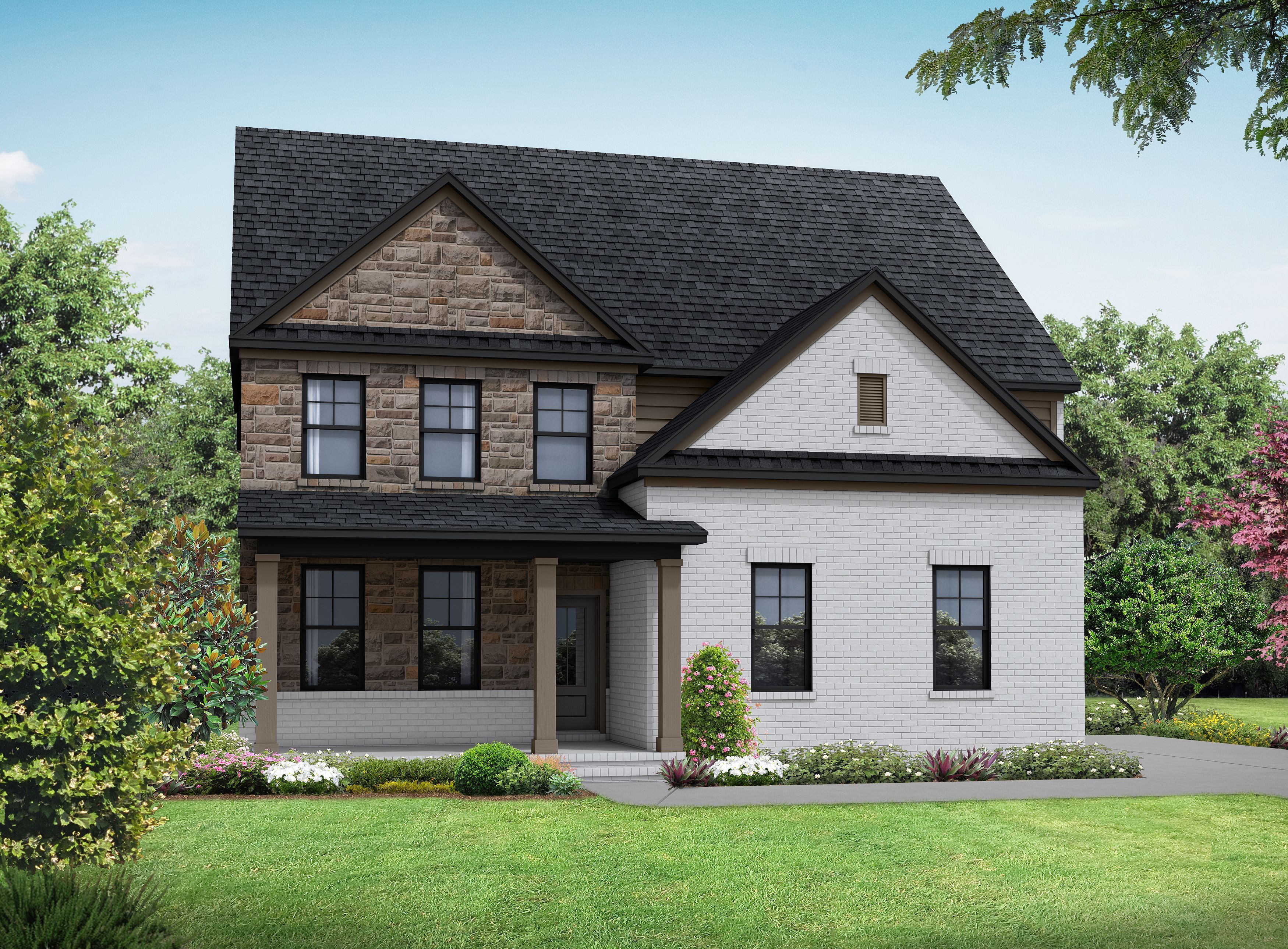 Two-story The Henry A home elevation with brown siding, gabled roof, covered porch, two-car garage, and lush landscaping