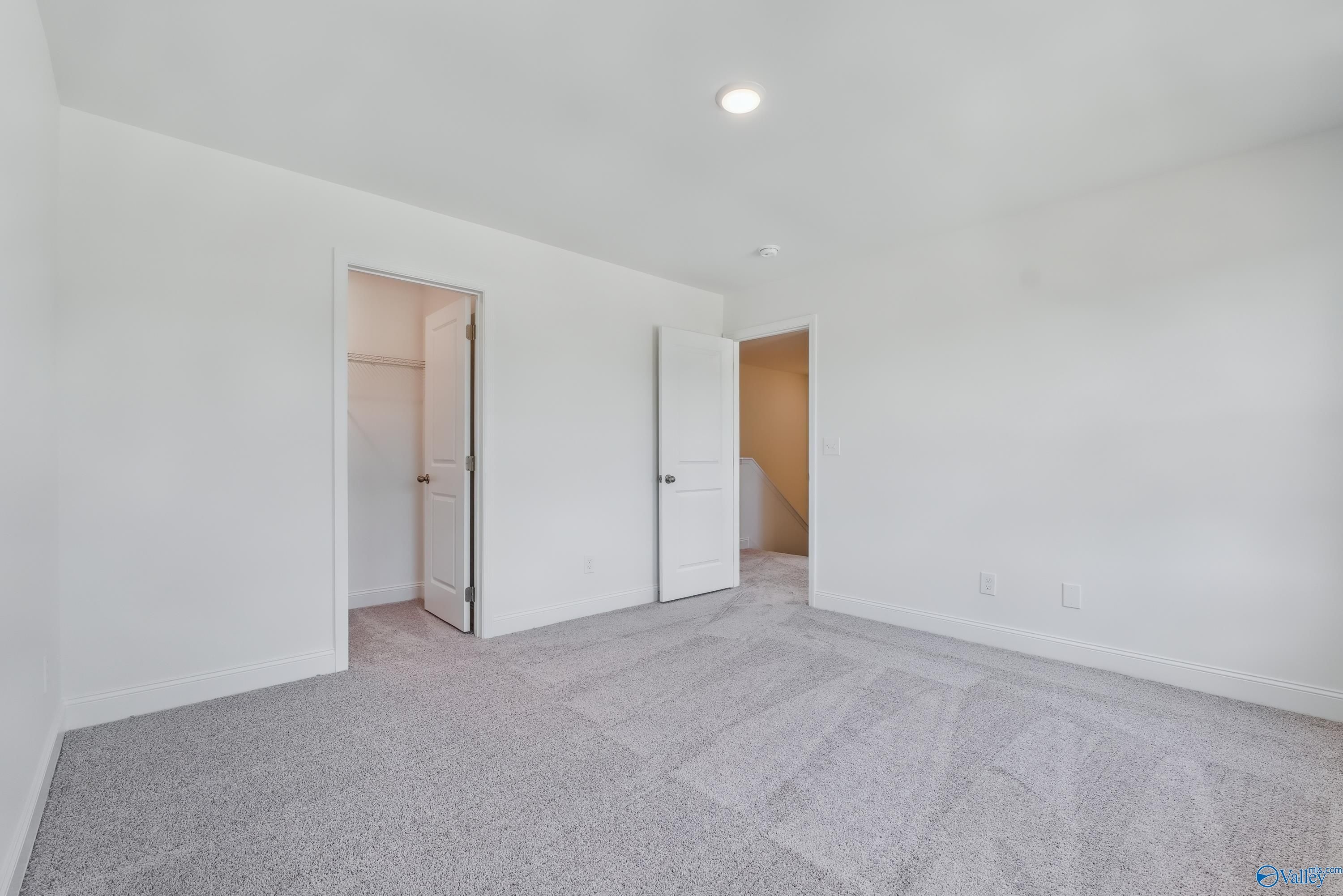 Bright bedroom with walk-in closet, white walls, and carpet floor in Davidson Homes The Shelby A, Arab, Alabama