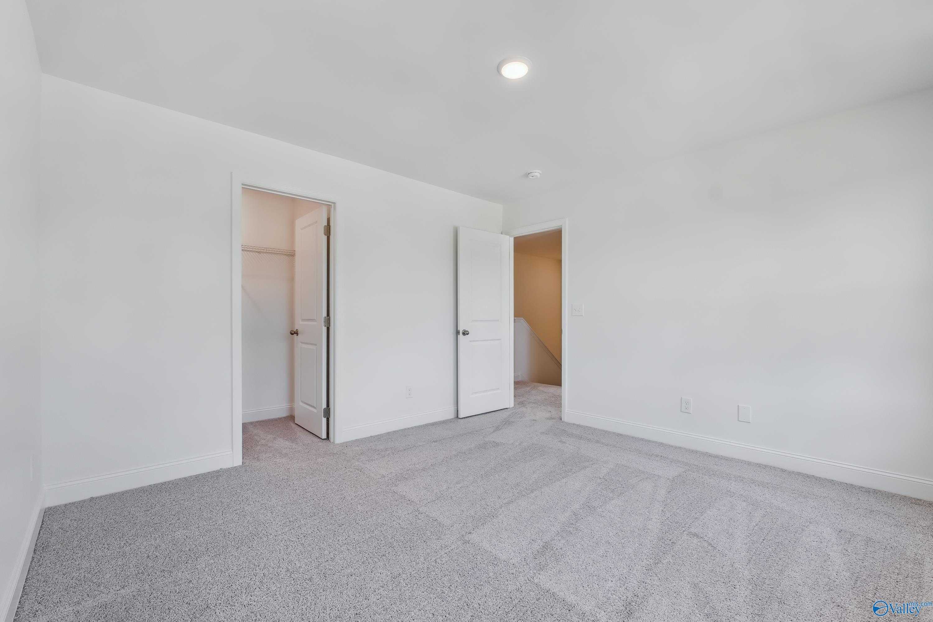 Bright bedroom with walk-in closet, white walls, and carpet floor in Davidson Homes The Shelby A, Arab, Alabama